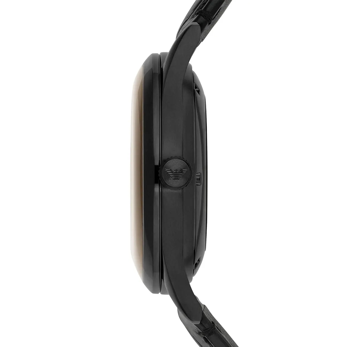 AR1923 Beta Meccanico side view displaying tan dial, black case, and leather band thickness