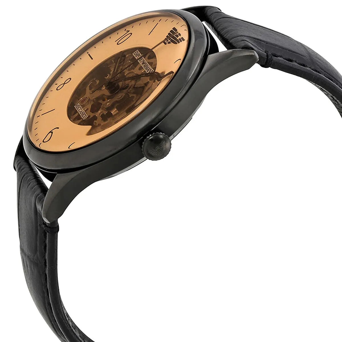 Side profile of Emporio Armani Beta Meccanico watch showing black leather strap and case depth