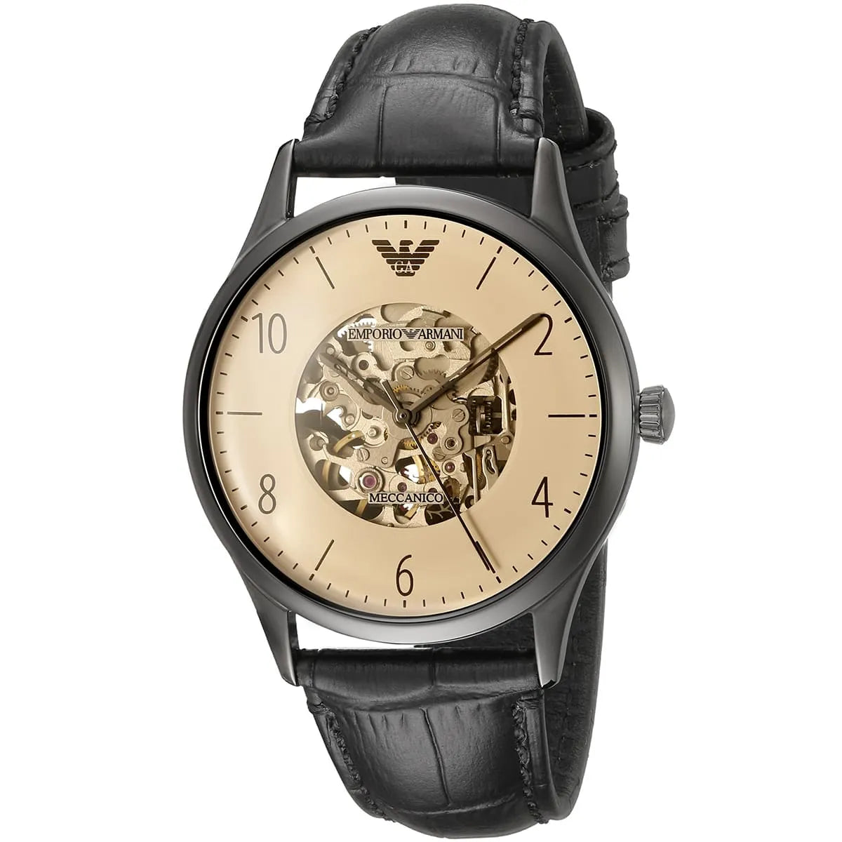 AR1923 Beta Meccanico angle view showing black stainless steel case and tan skeleton dial