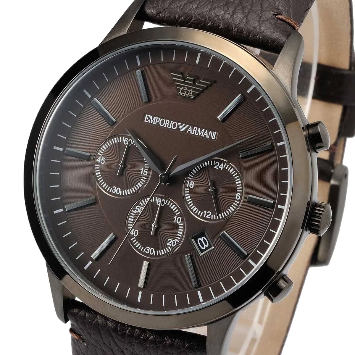 Emporio Armani watch with brown leather strap and brown dial on a white background