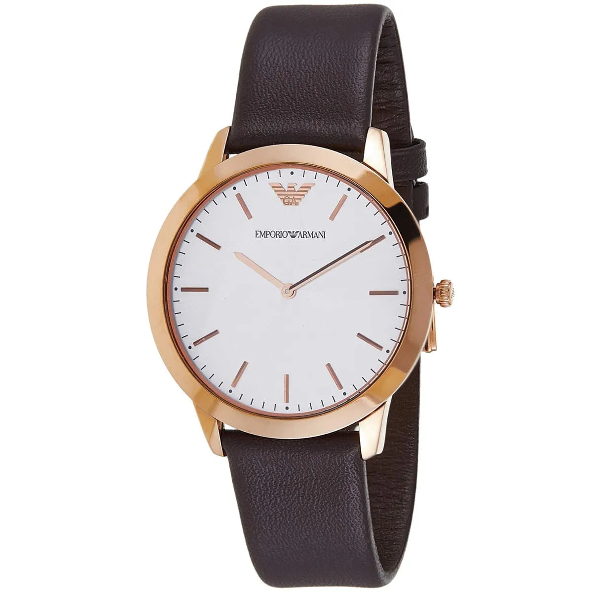 Emporio Armani AR2487 watch angled view showing white dial and brown leather strap