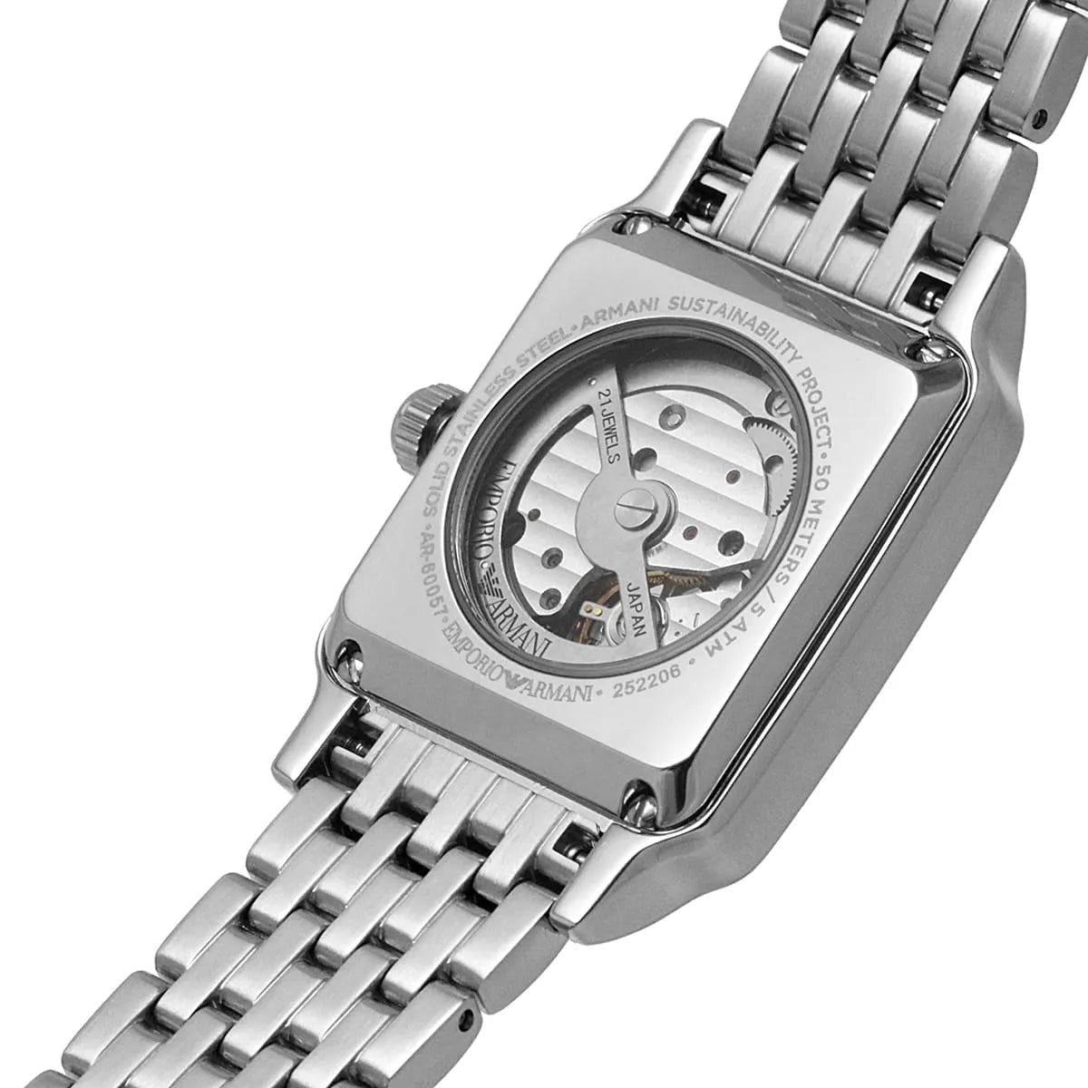 Emporio Armani Diego AR60057 case back showing visible automatic movement mechanism and stainless steel