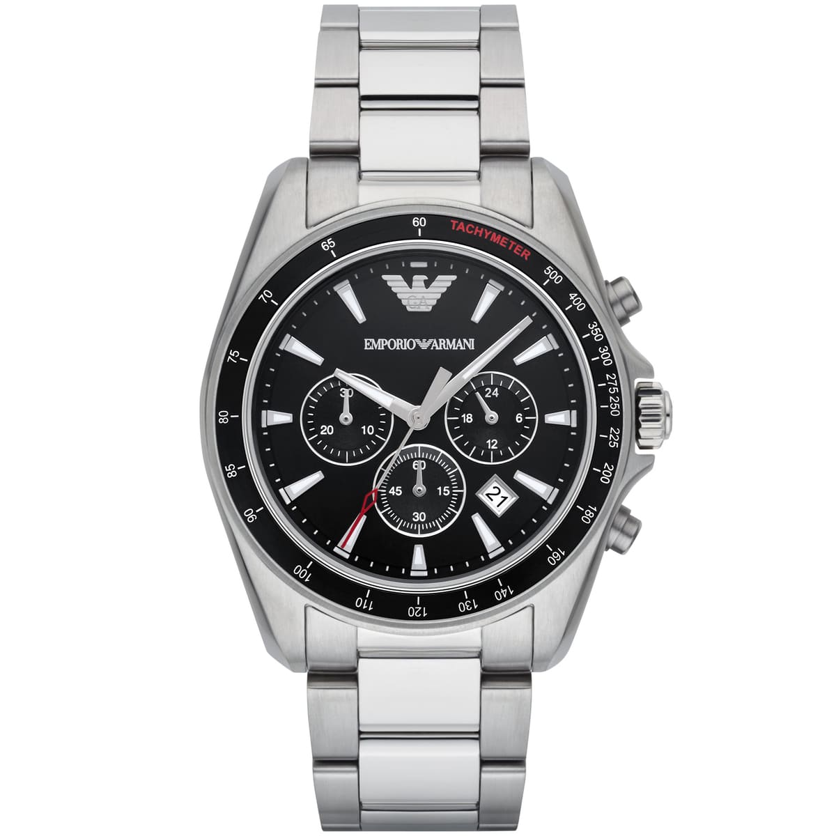 Emporio Armani Sigma chronograph watch with black dial and silver stainless steel strap
