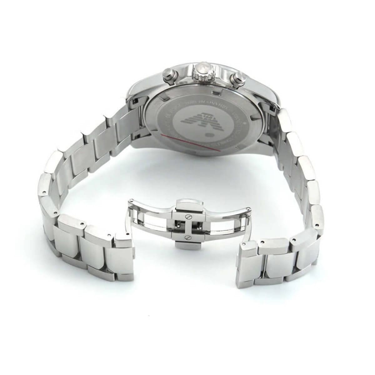 Emporio Armani Sigma watch shown with open stainless steel bracelet and clasp detail