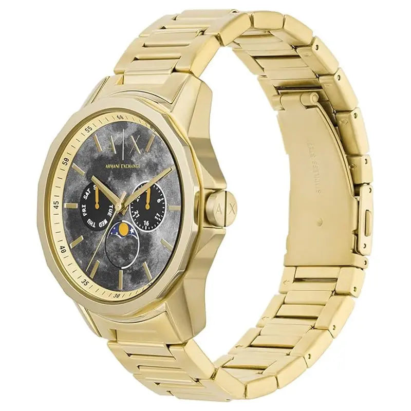 Armani Exchange AX1737 gold watch at angle showing dial and gold link bracelet