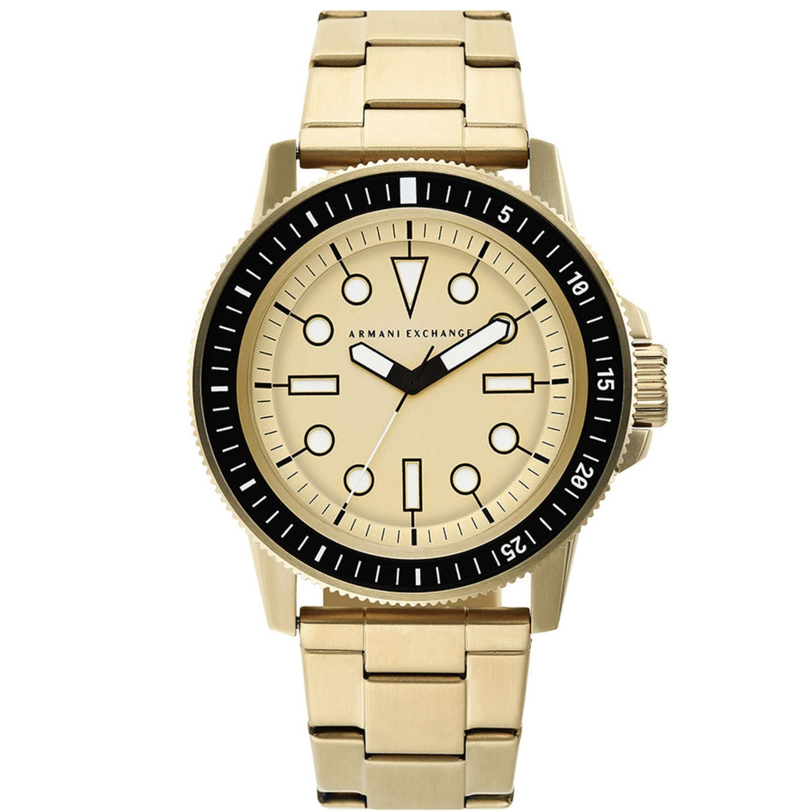 Armani Exchange Leonardo gold watch with cream dial and black bezel, frontal view