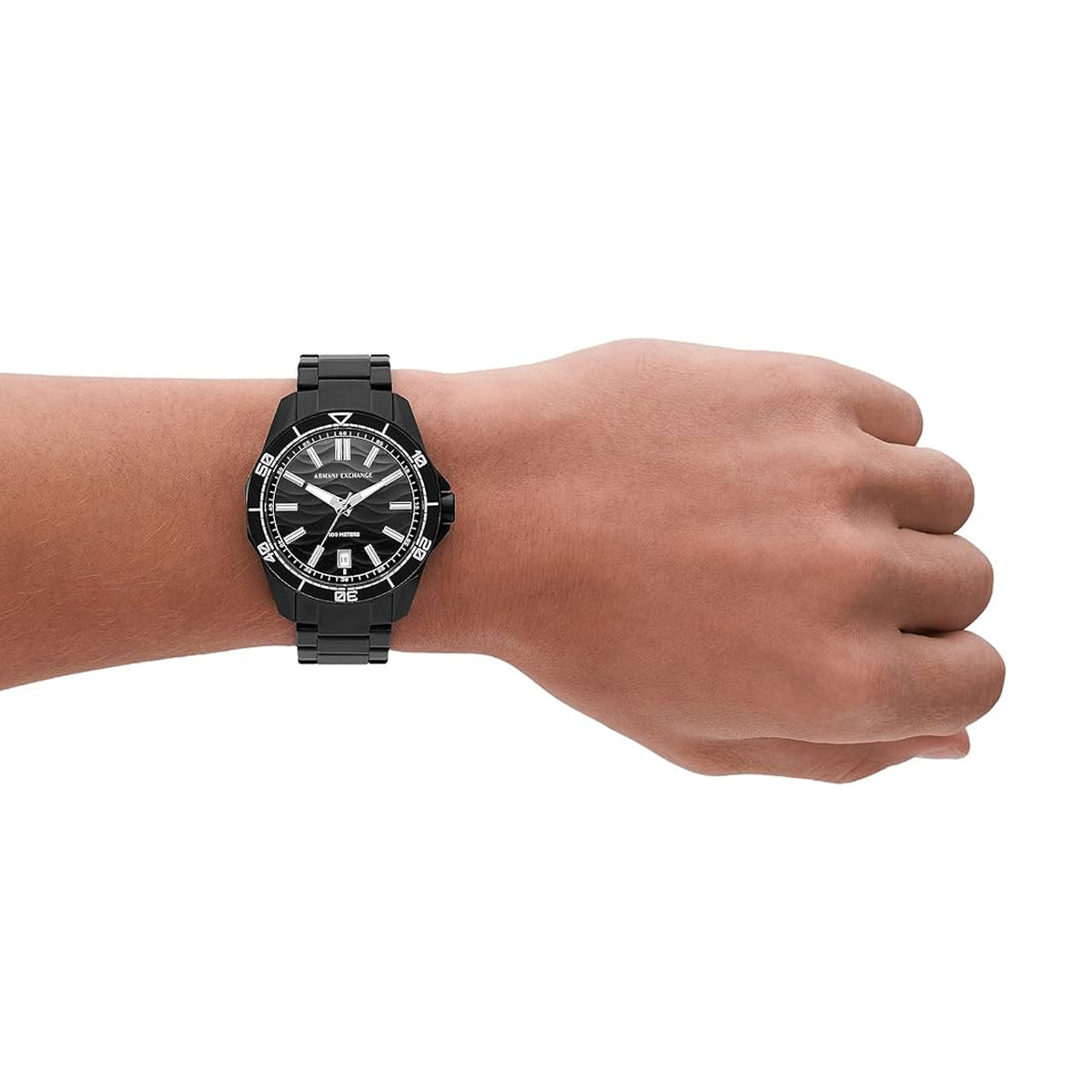 Armani Exchange AX1952 black watch worn on wrist showing dial and bracelet