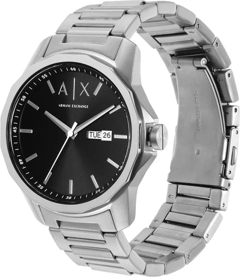 AX1733 watch from angled view showing black dial and full silver stainless steel bracelet