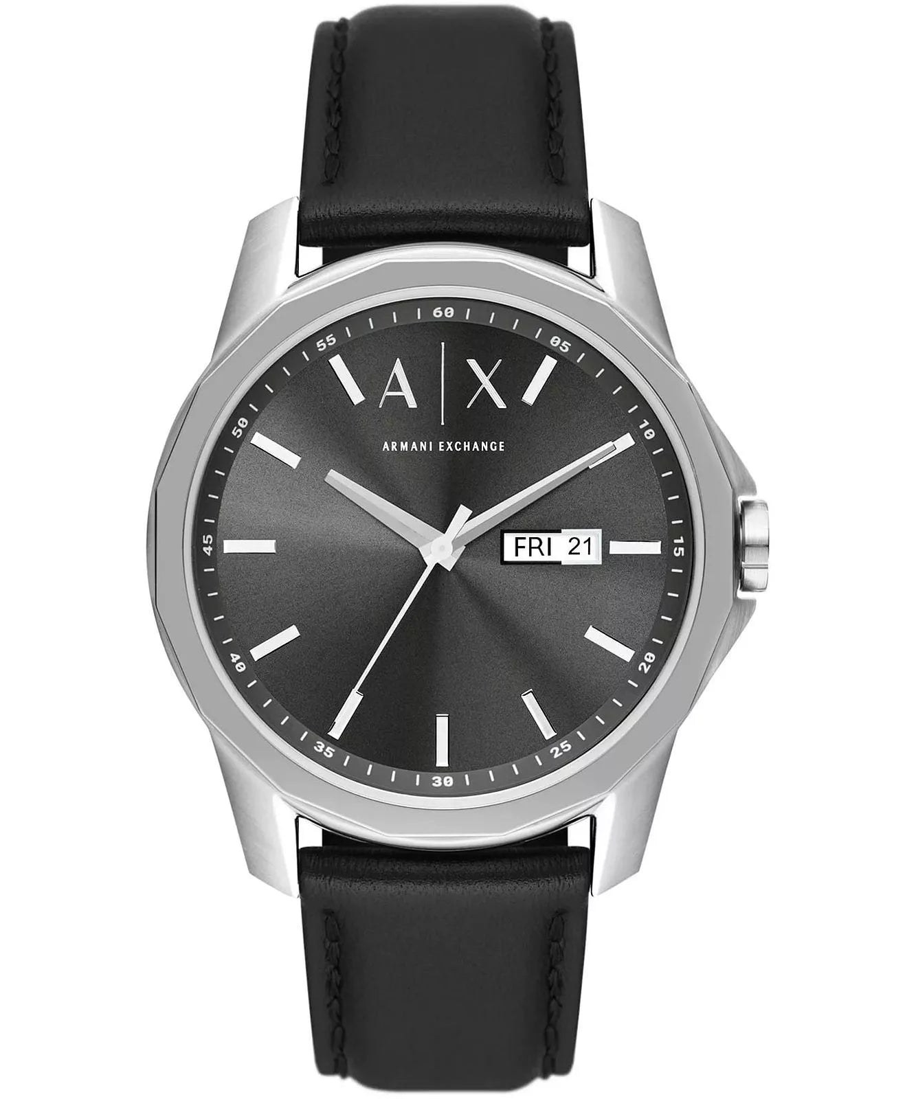 Armani Exchange Banks AX1735 men's watch with black dial, silver case and black leather strap
