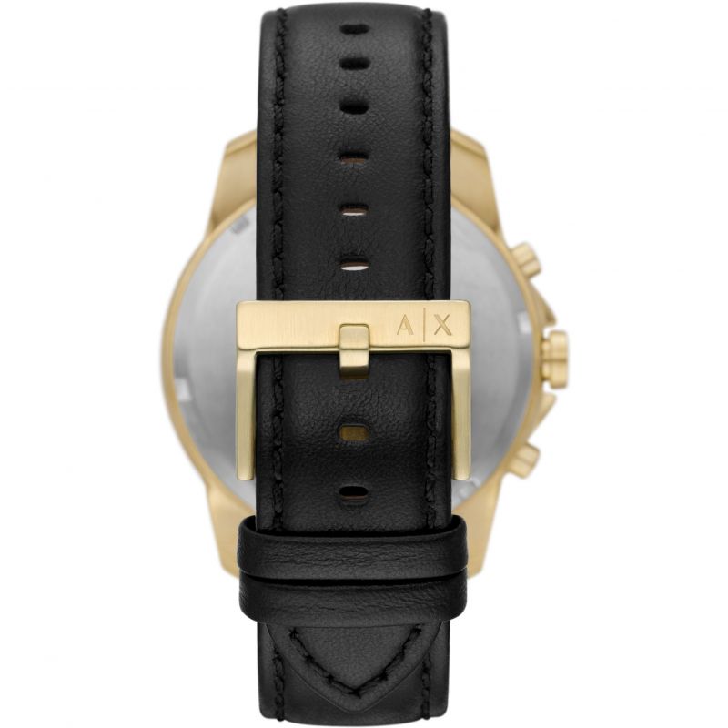 Caseback view of Armani Exchange Banks chronograph showing gold case and black leather strap