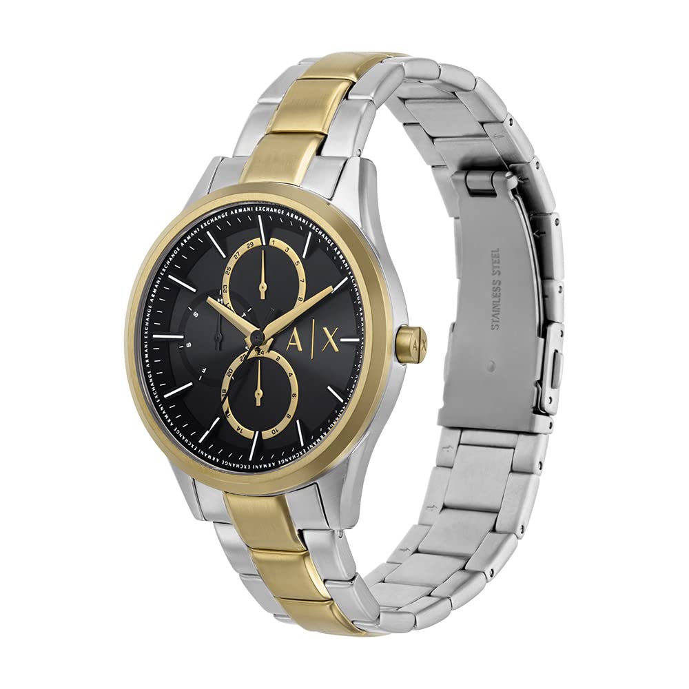 Side angle view of Armani Exchange Dante watch showing two-tone stainless steel bracelet