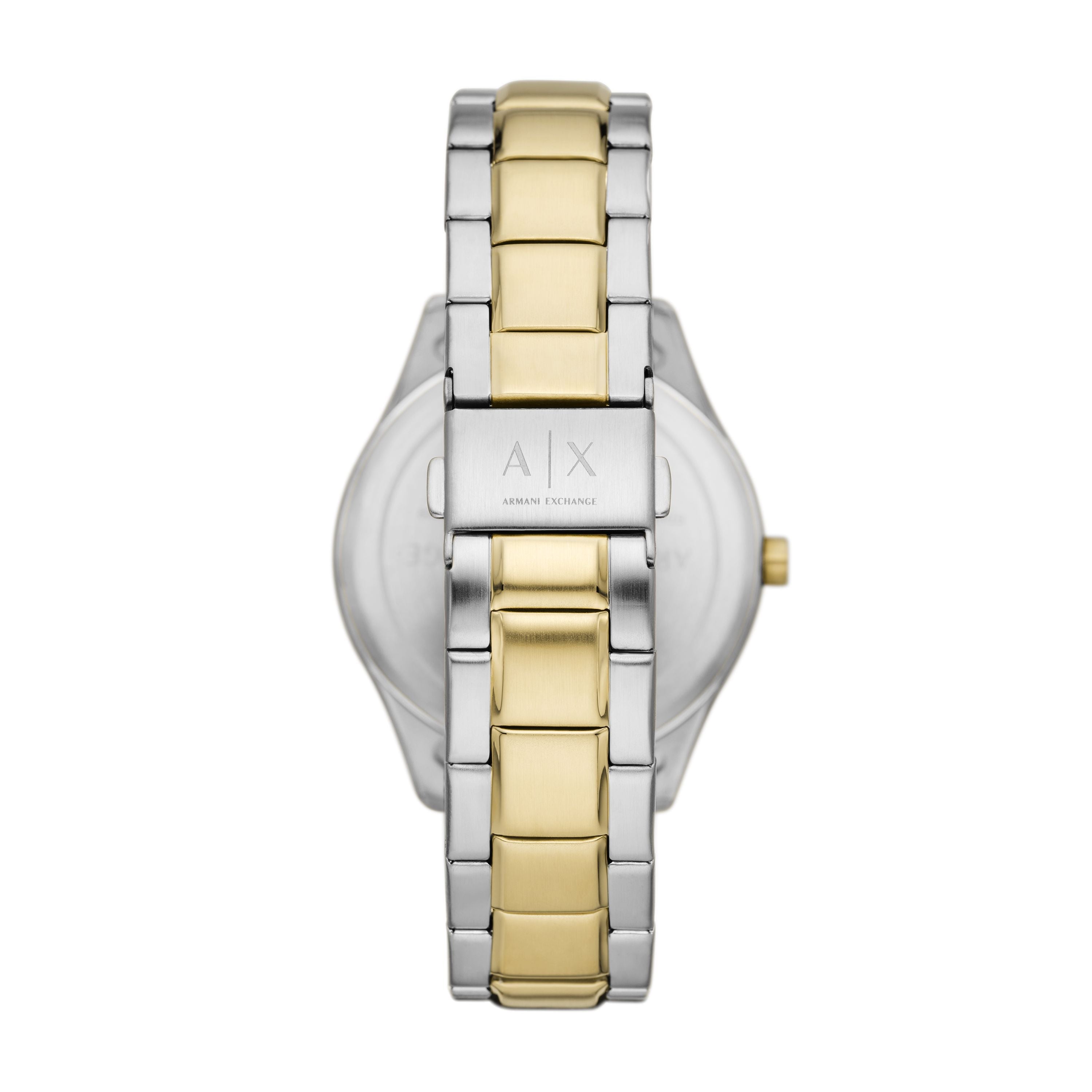 Case back view of Armani Exchange Dante watch with branding
