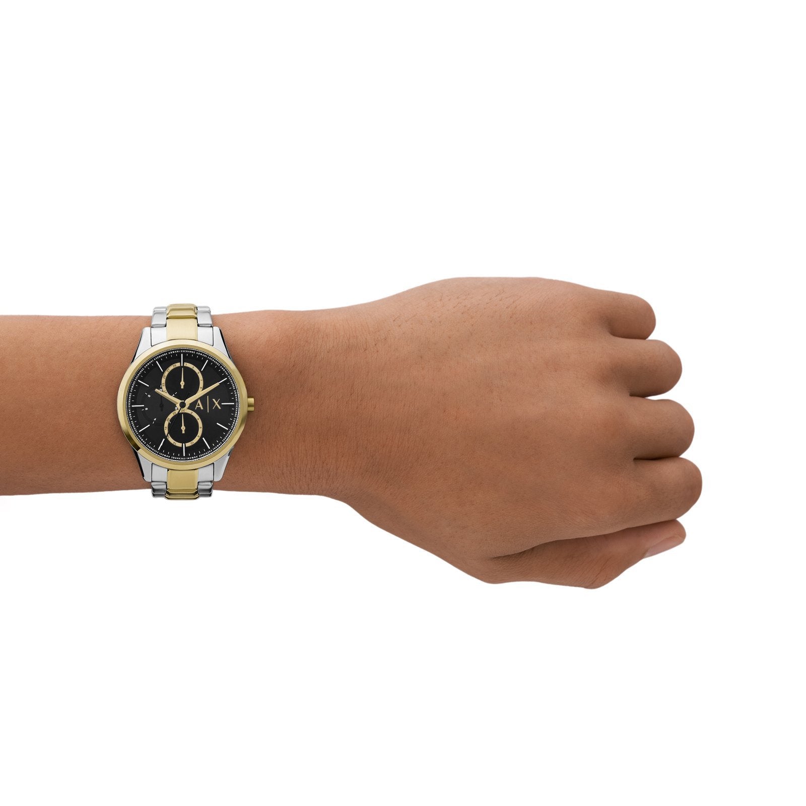 Armani Exchange Dante watch worn on wrist displaying black dial and two-tone bracelet