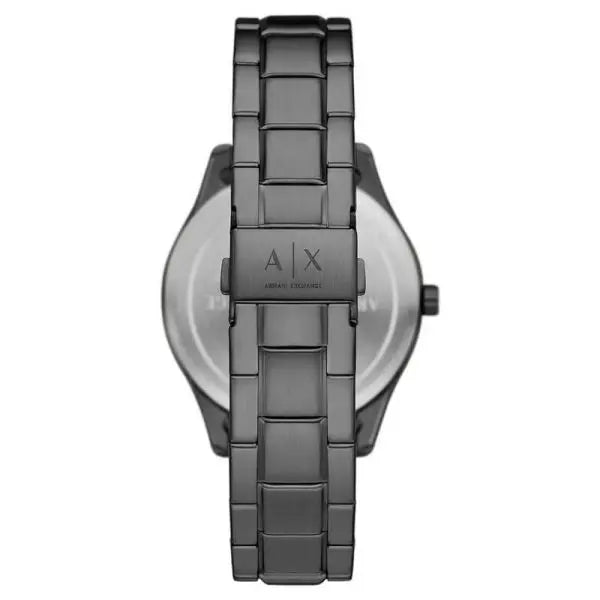 Armani Exchange Dante AX1871 watch caseback showing gunmetal case and bracelet