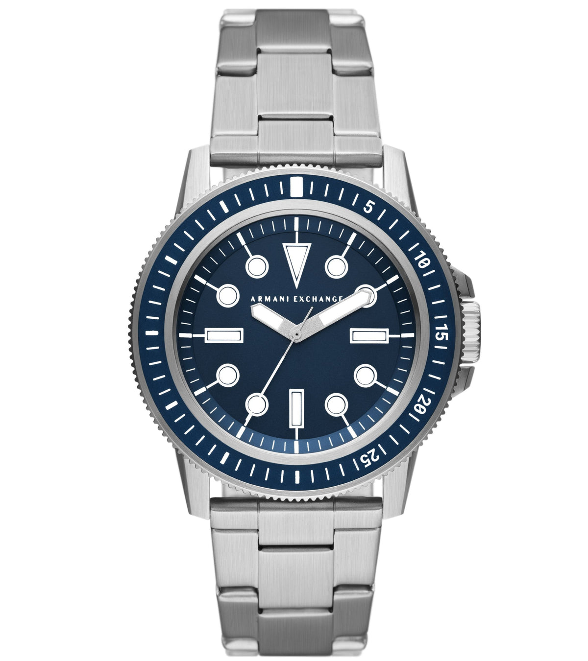 Armani Exchange Leonardo AX1861 watch front view with steel bracelet and navy dial