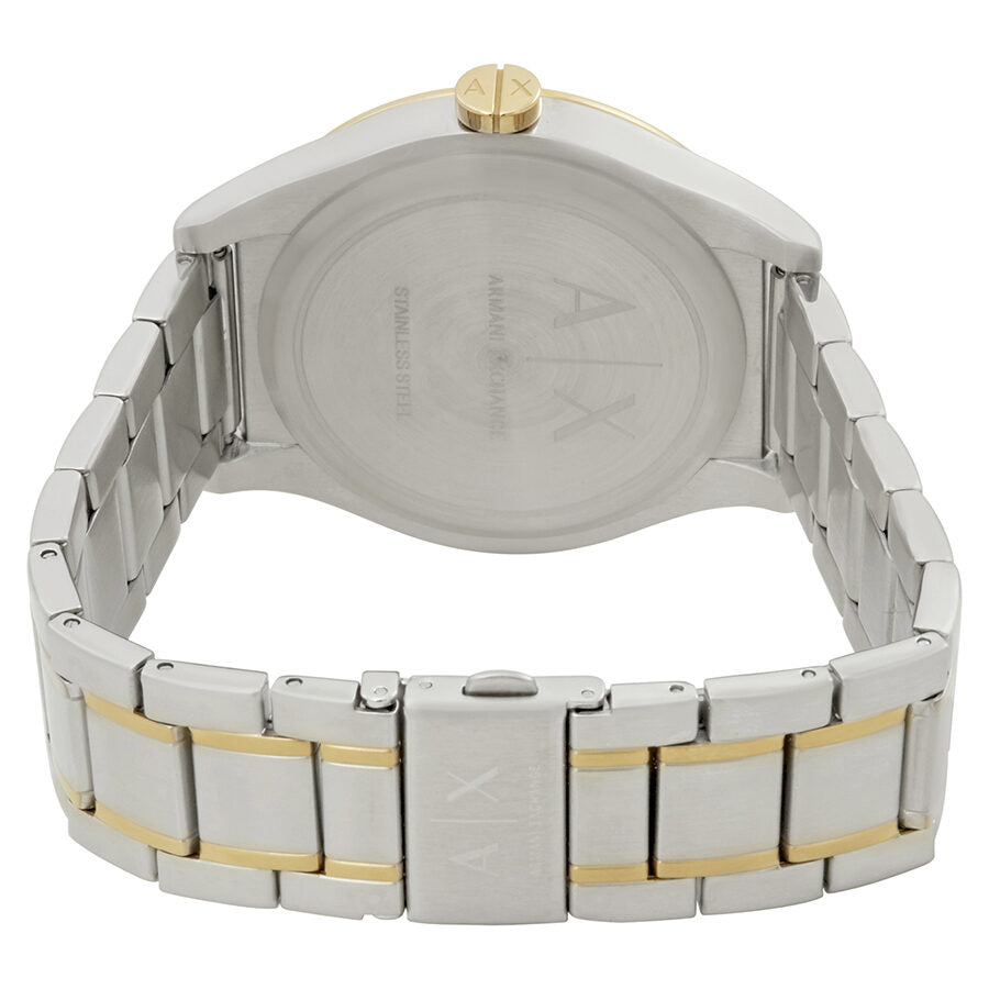 Armani Exchange Nico watch caseback with engraved logo and two-tone bracelet