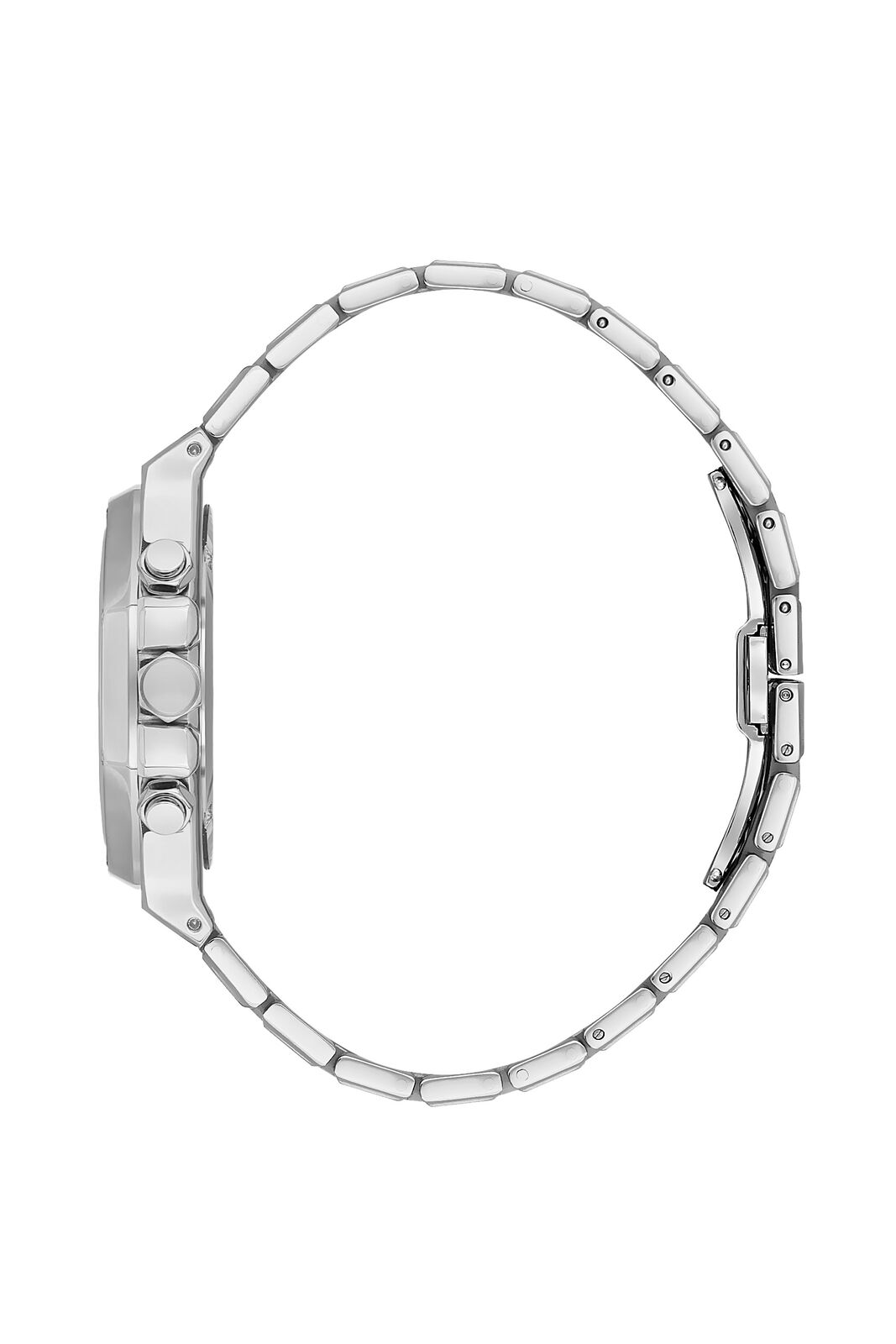 Side view of Beverly Hills Polo Club silver bracelet watch showing case profile and links