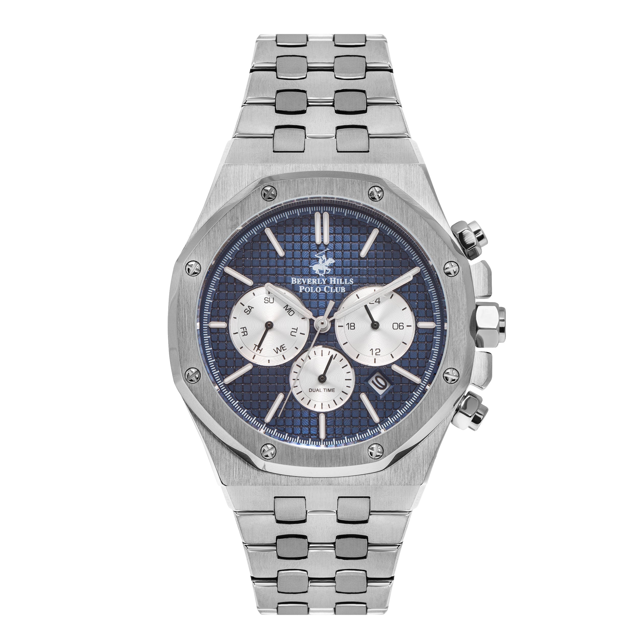 Beverly Hills Polo Club multifunction chronograph watch with blue dial and silver metal bracelet