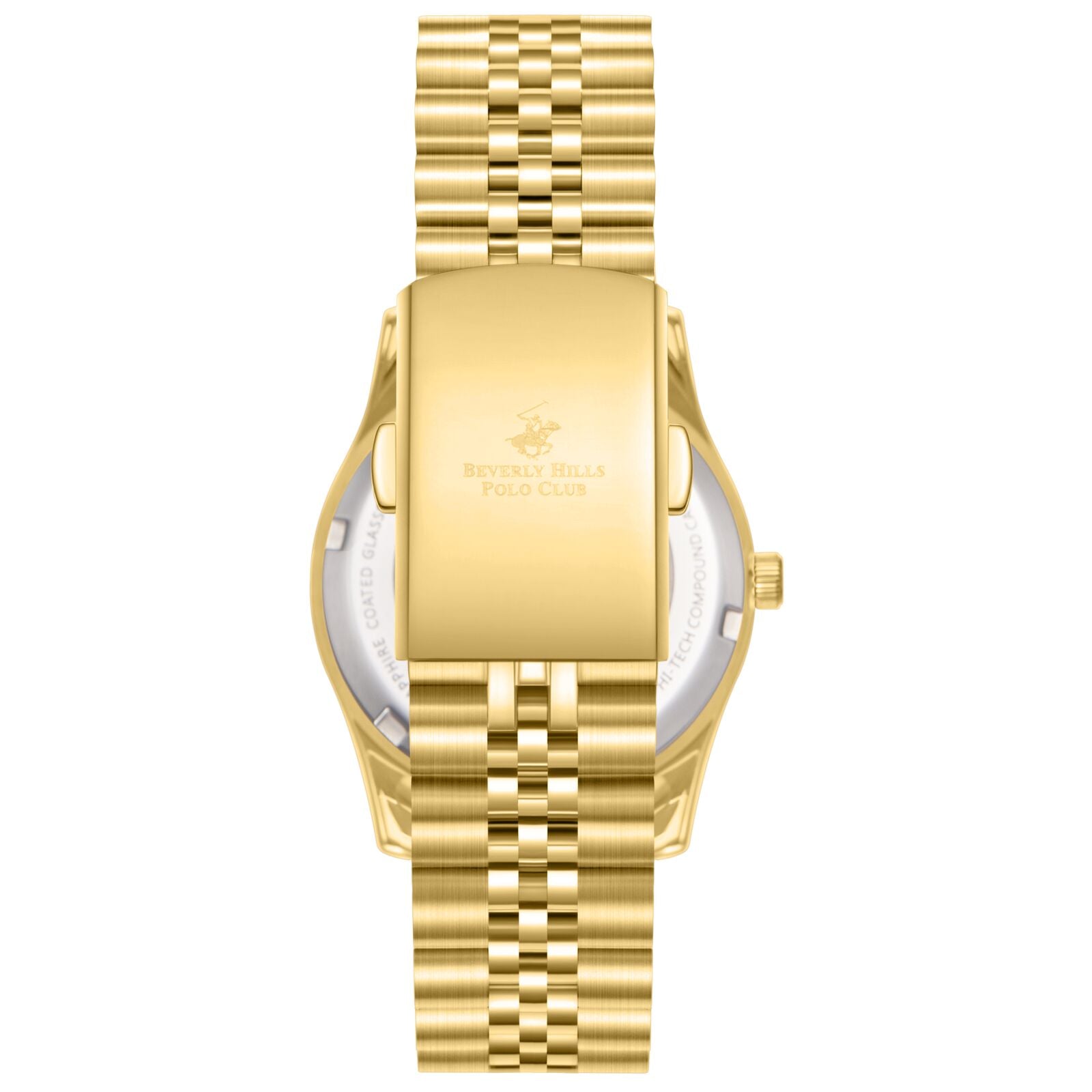 Gold watch caseback with Beverly Hills Polo Club branding and engraved text