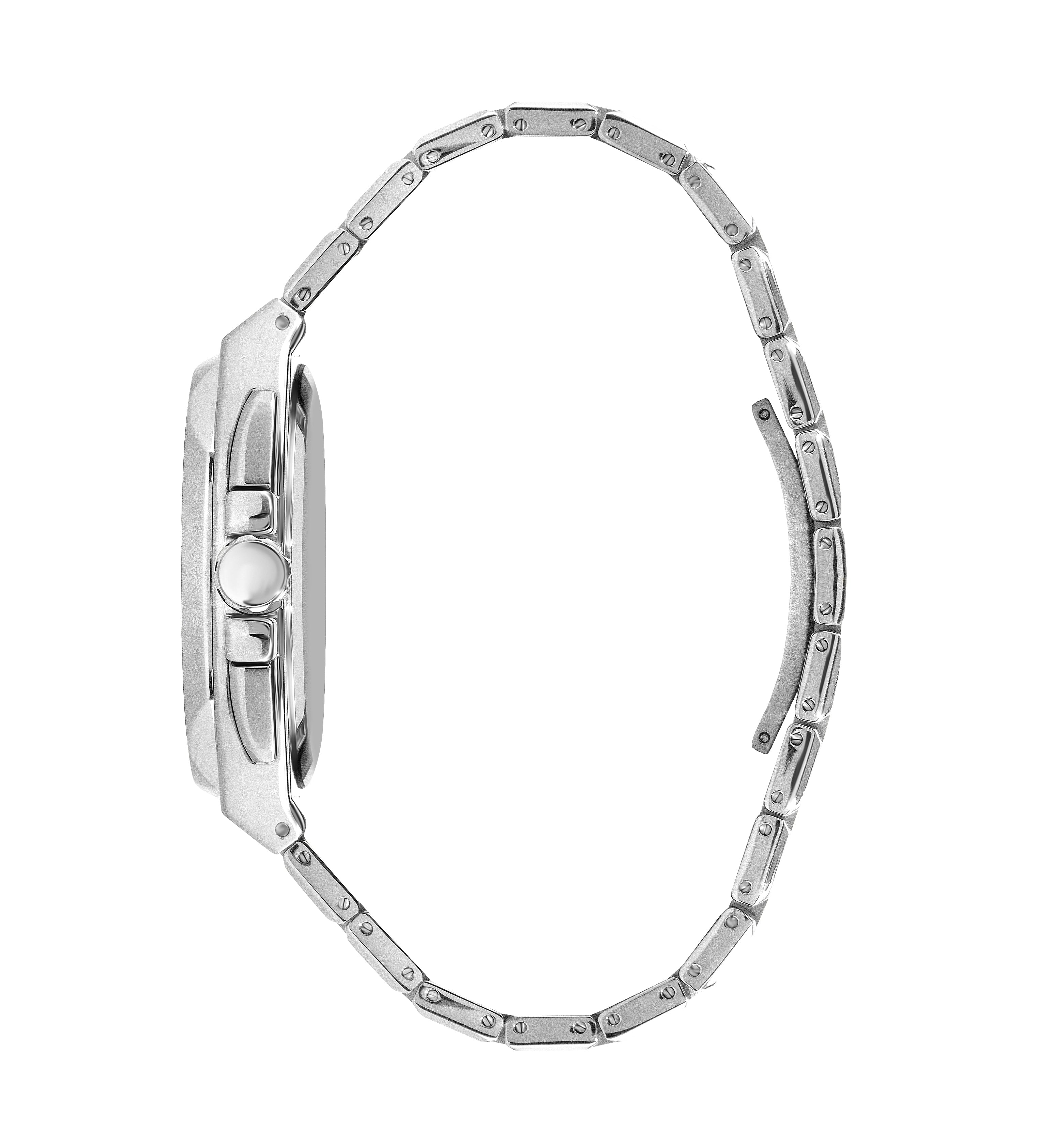 Silver metal bracelet profile view of Beverly Hills Polo Club watch