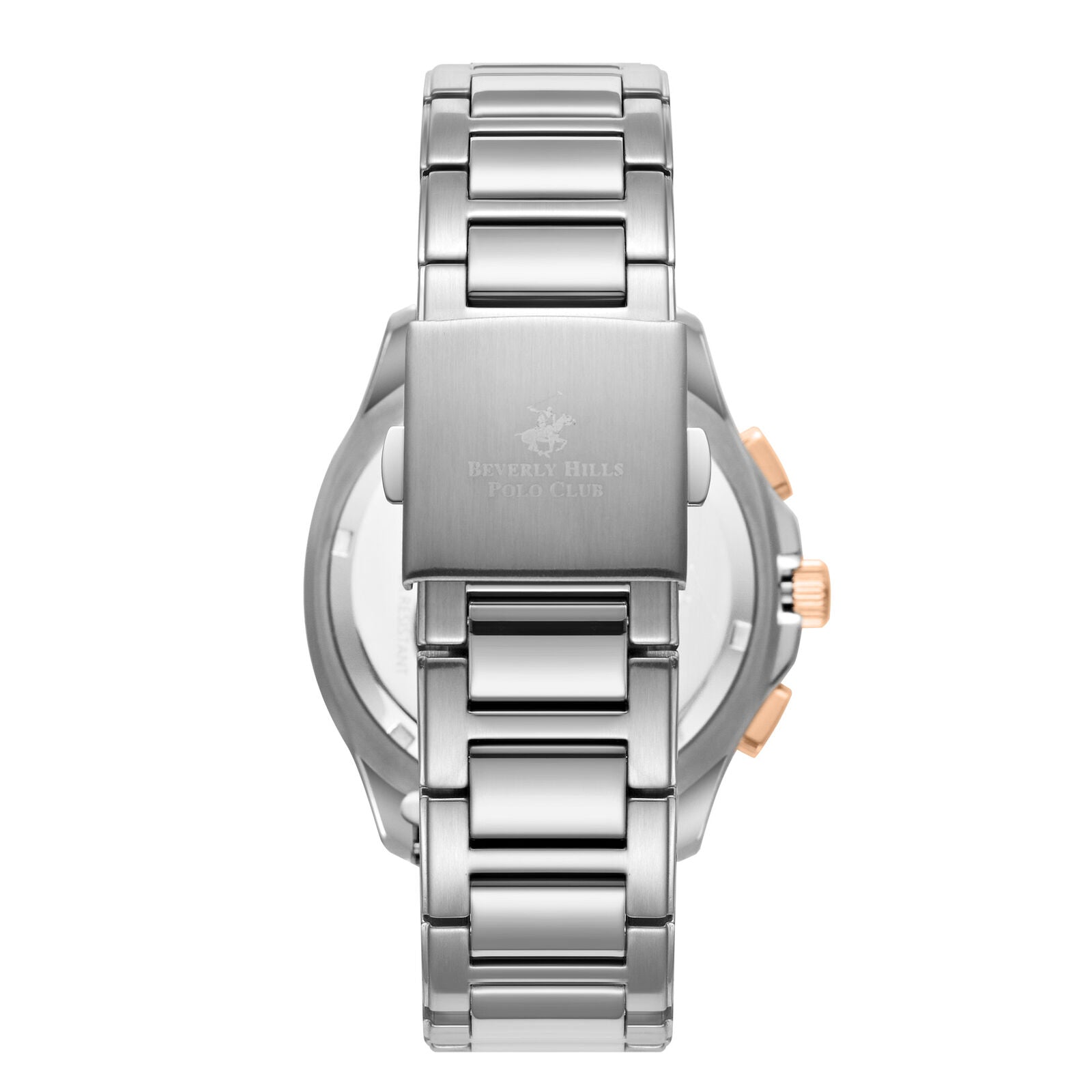 Caseback view of silver stainless steel watch with bracelet and rose gold chronograph pushers