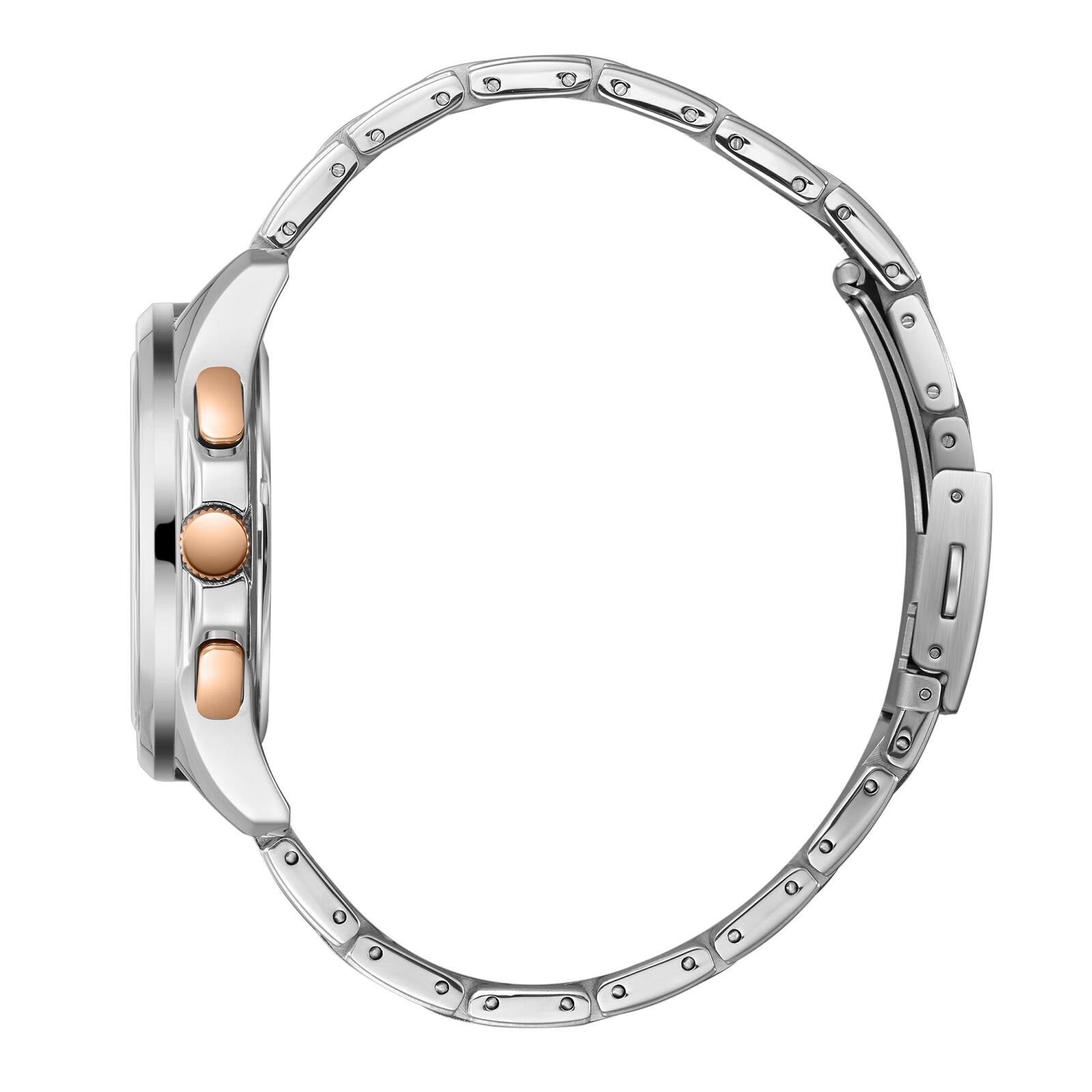 Side view of watch showing stainless steel case profile and rose gold chronograph pushers