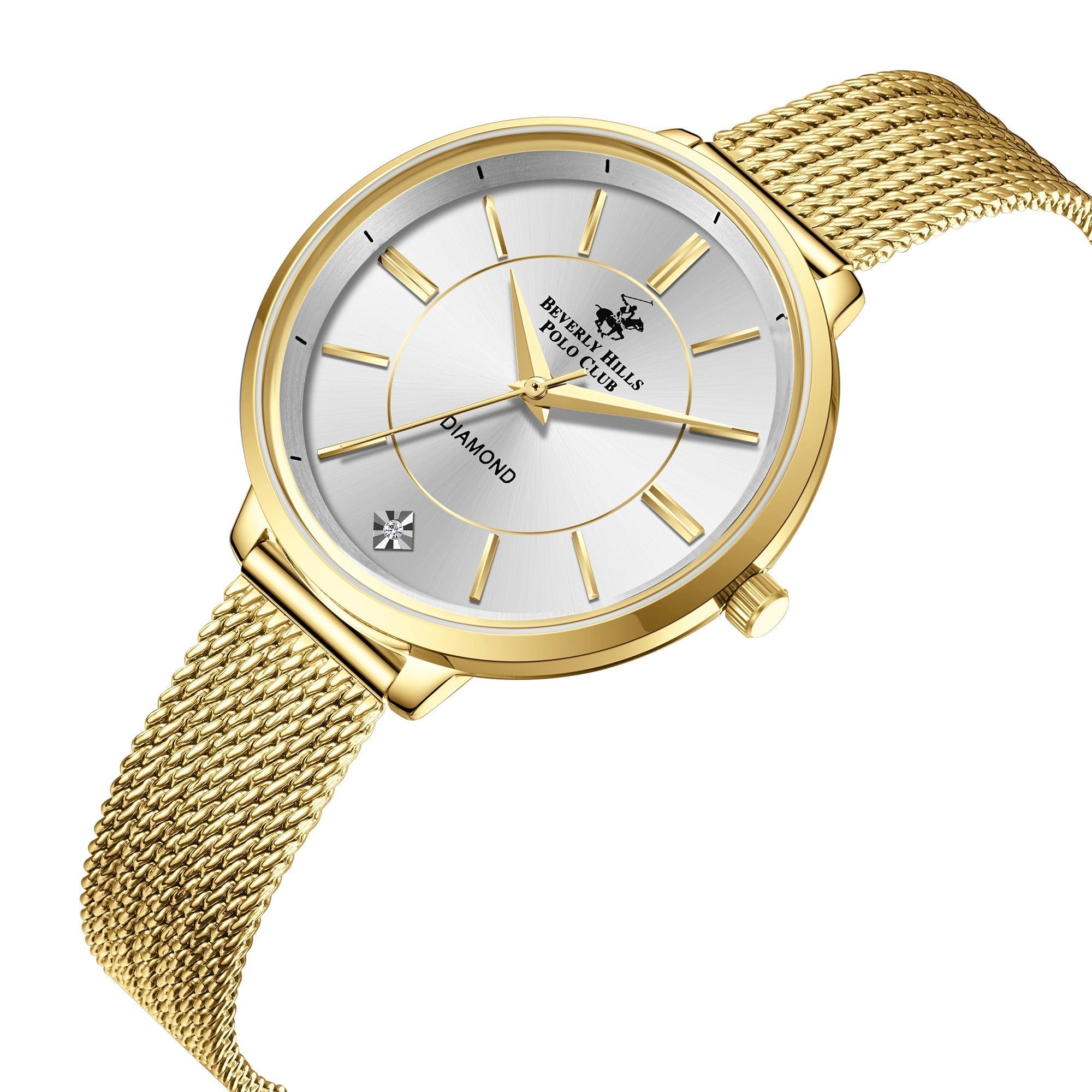 Beverly Hills Polo Club gold mesh watch angled view showing white dial and mesh strap detail