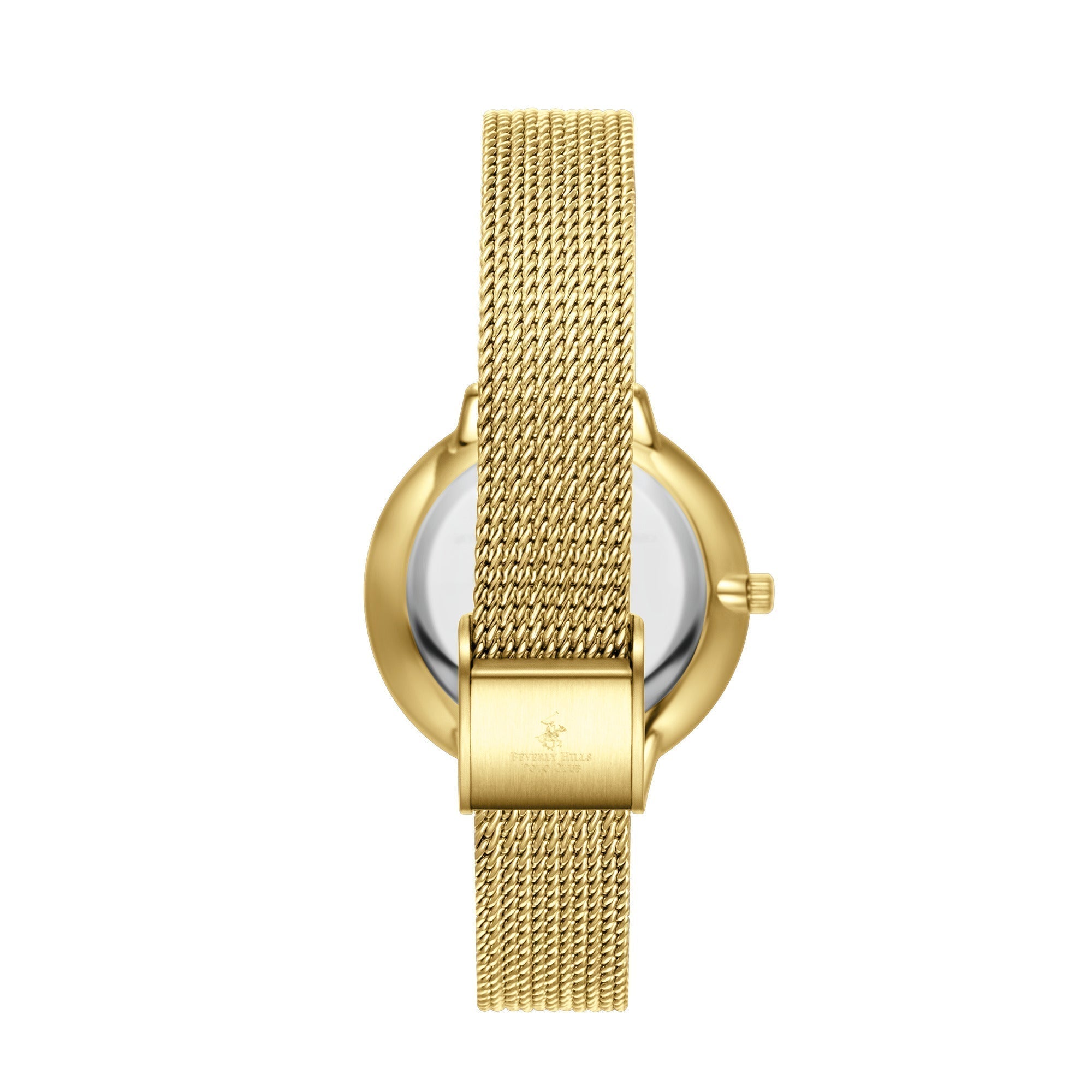 Beverly Hills Polo Club BP3312X.130 gold mesh watch rear view showing caseback