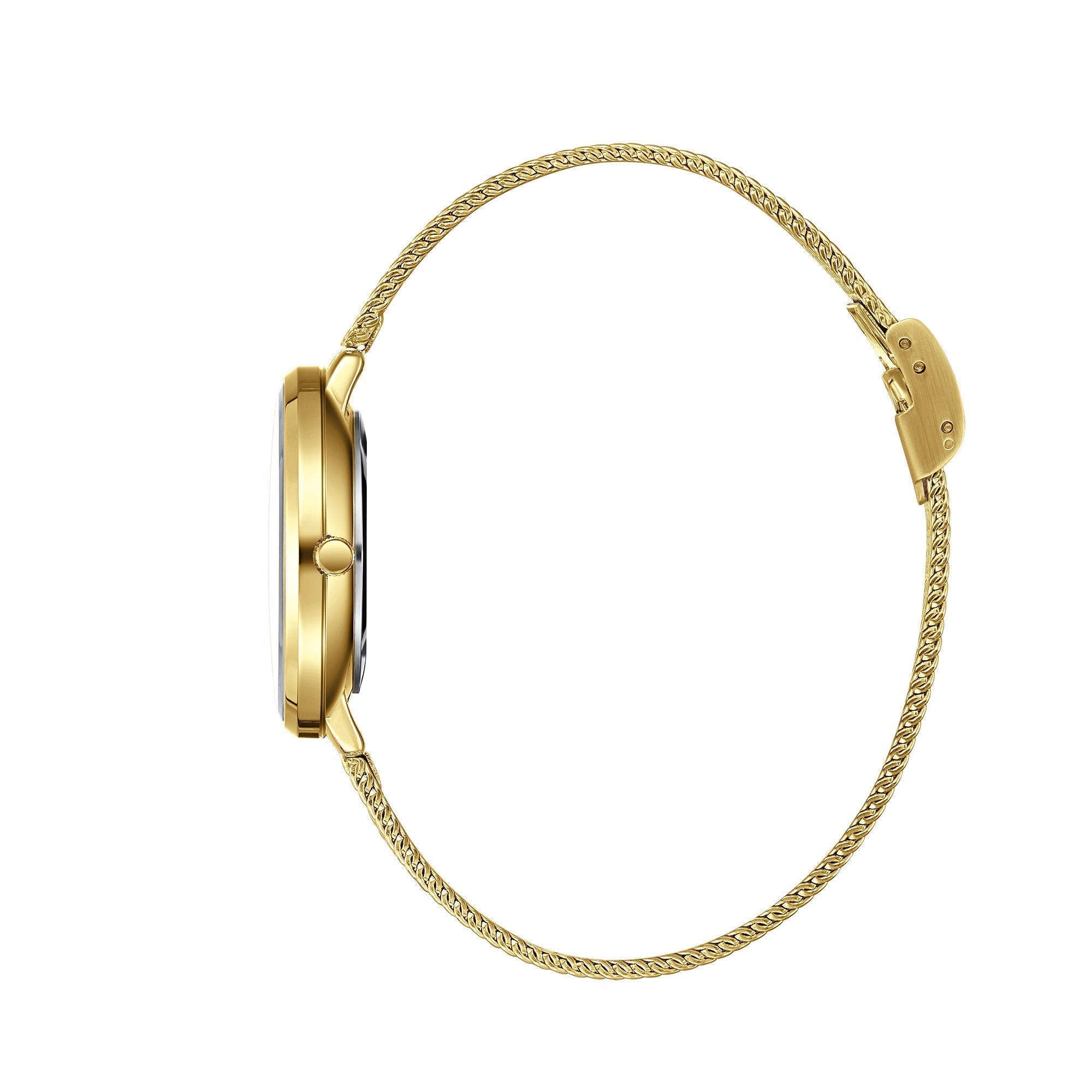 Side profile view of Beverly Hills Polo Club gold mesh watch BP3312X.130