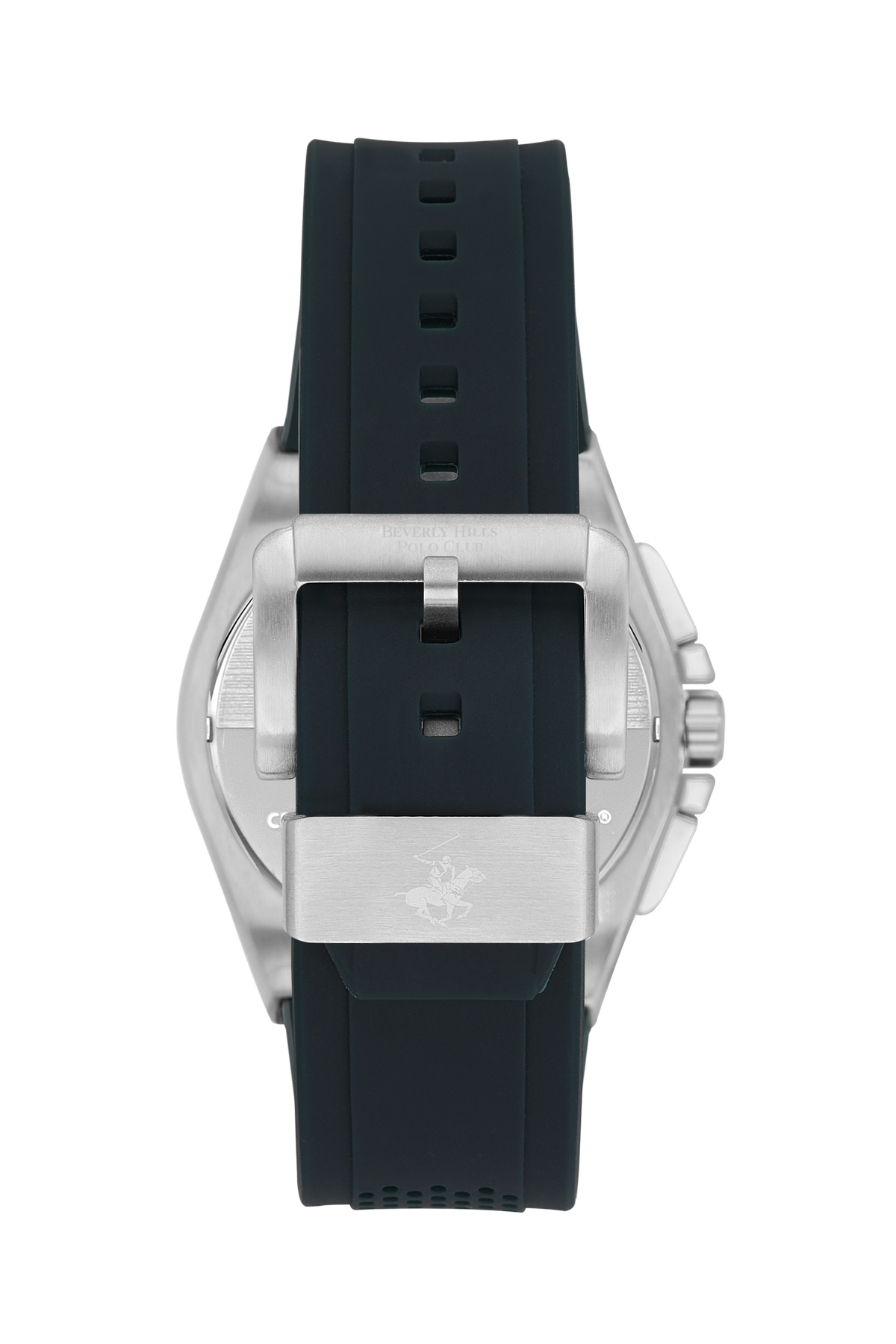 Caseback view of Beverly Hills Polo Club watch with black rubber strap