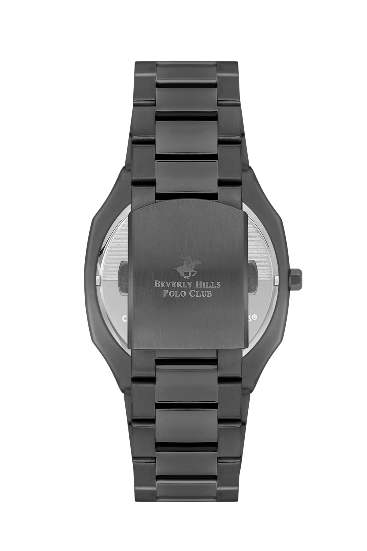 Case back showing Beverly Hills Polo Club branding on stainless steel watch back