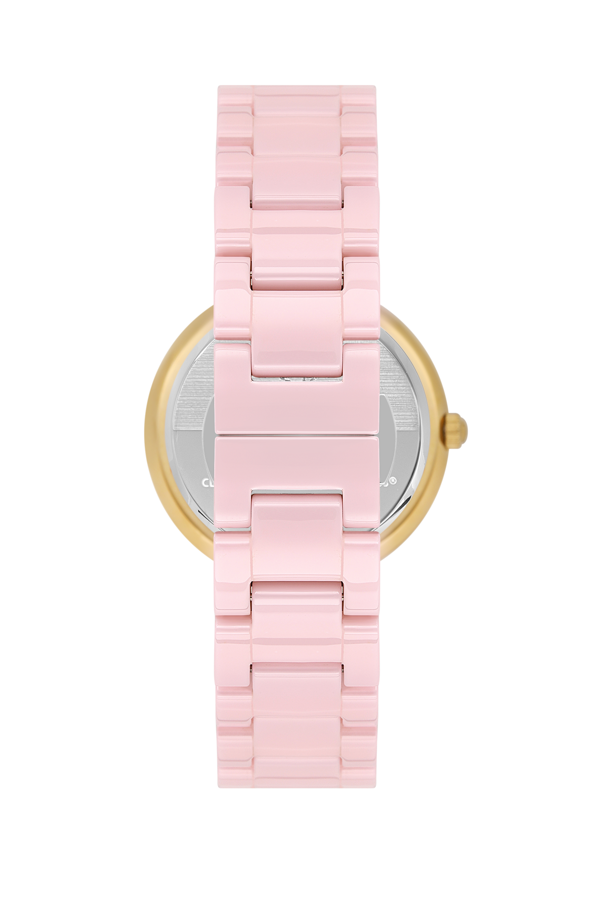 Side profile of Beverly Hills Polo Club ceramic watch with pink bracelet and gold-tone case