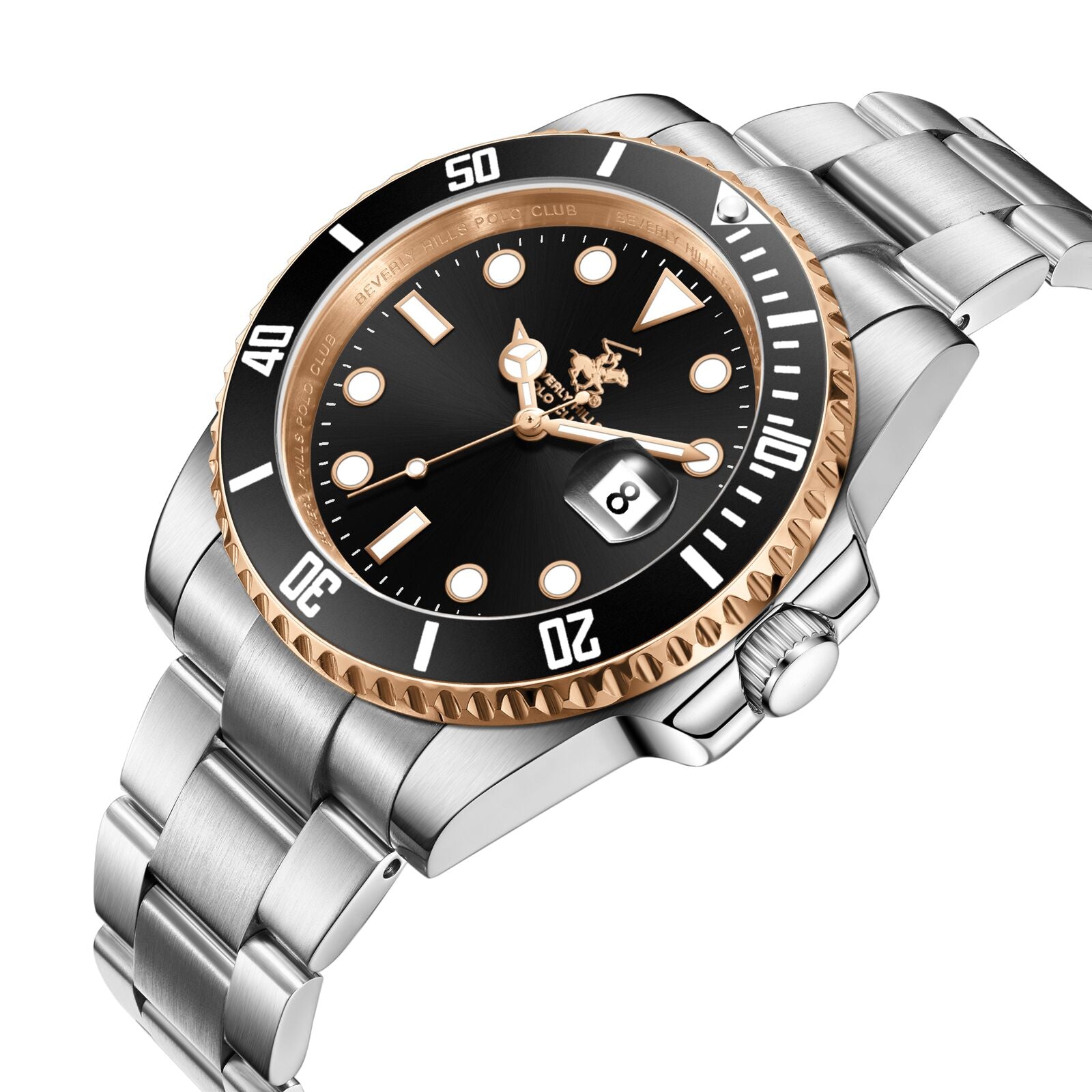 Three-quarter angled view of Beverly Hills Polo Club waterproof watch with date window