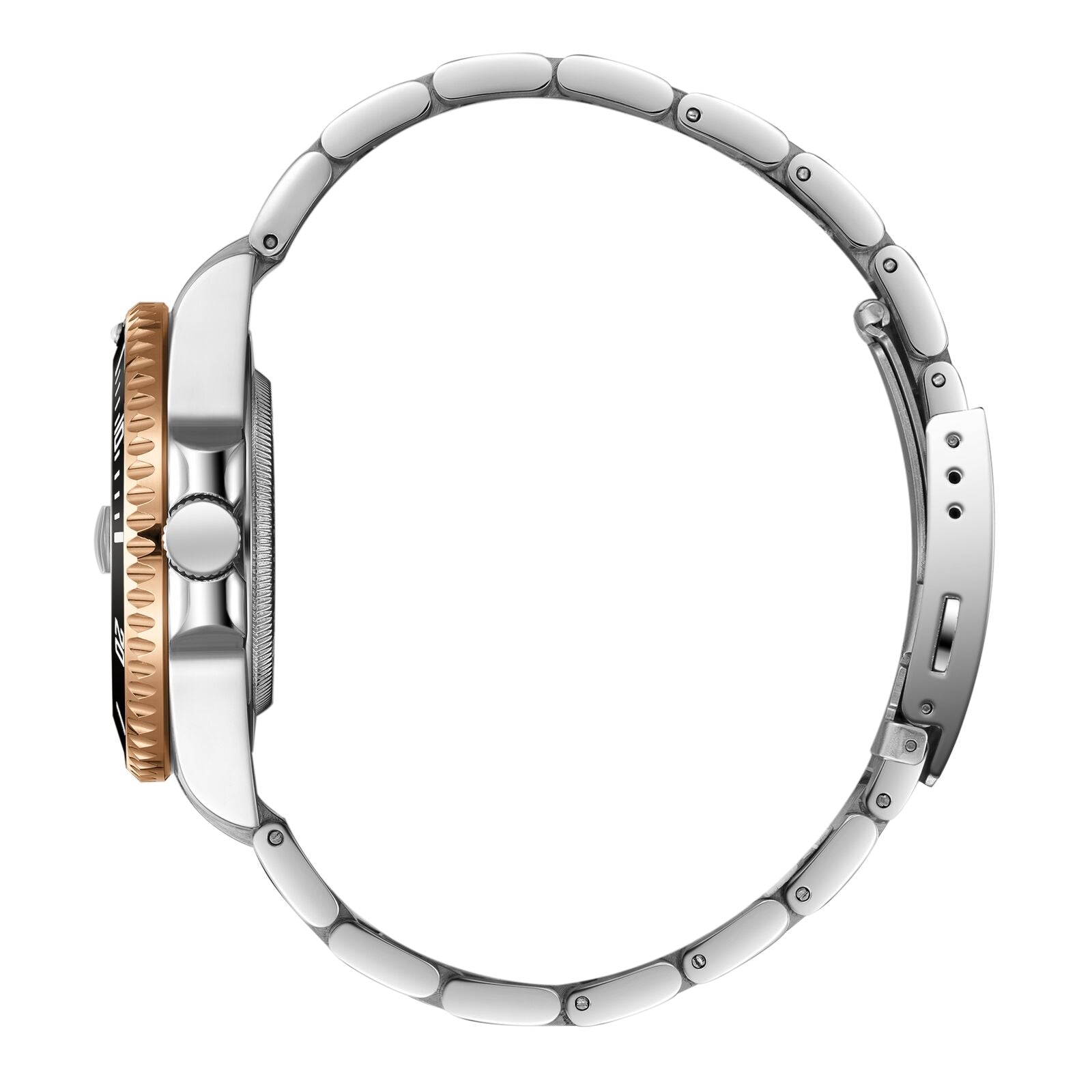 Side profile of Beverly Hills Polo Club watch with silver stainless steel bracelet and rose gold accents