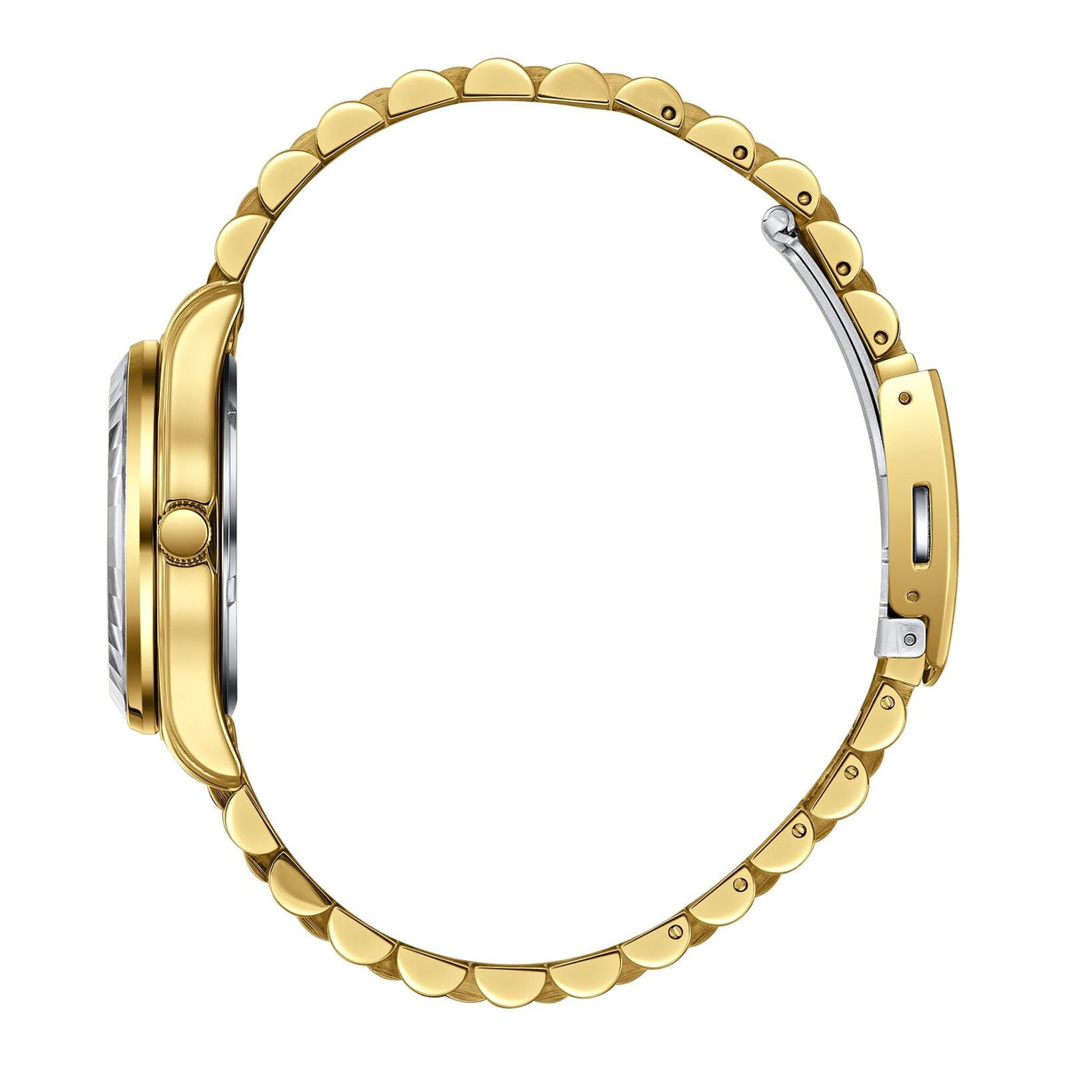 Side view of Beverly Hills Polo Club gold watch showing case profile and scalloped bracelet links