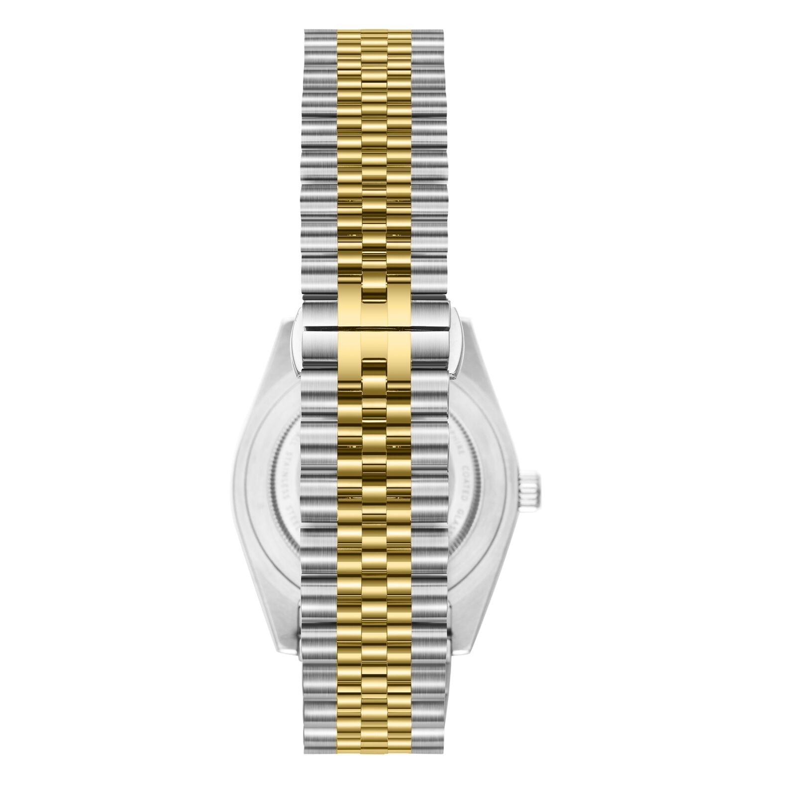 Side view of two-tone stainless steel and gold bracelet on watch