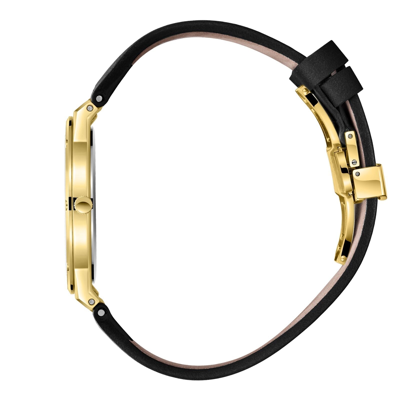 Side view of Beverly Hills Polo Club watch showing gold case and black leather band