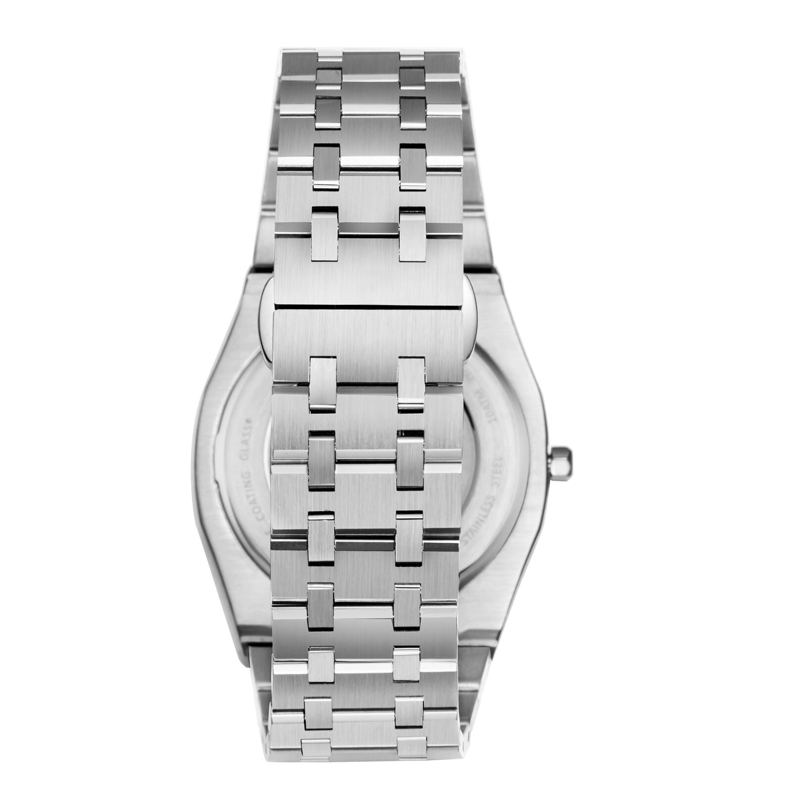 Caseback view of silver steel watch with link bracelet and engraved medallion