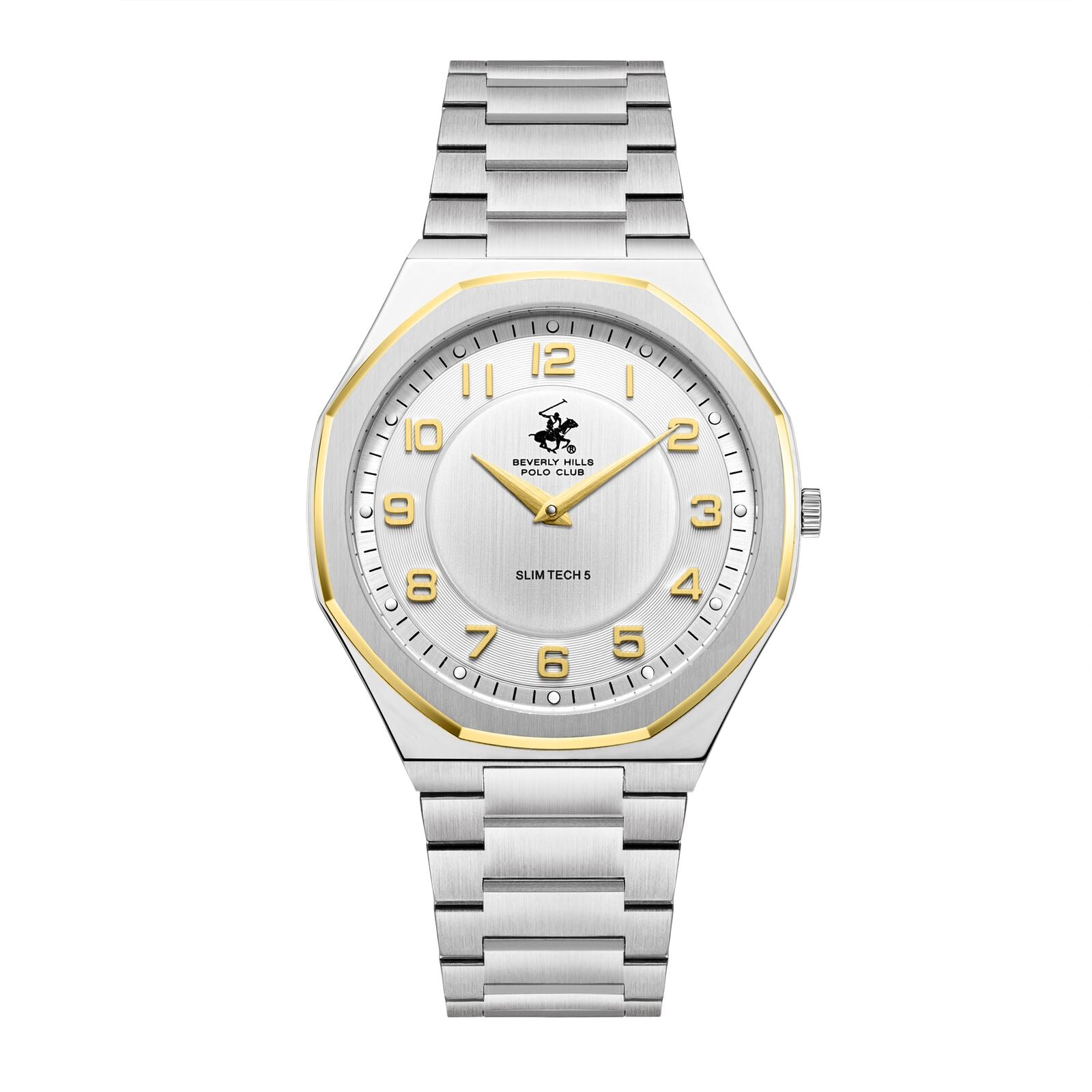 Beverly Hills Polo Club Slim Tech 5 two-tone steel and gold watch with white dial and gold numerals