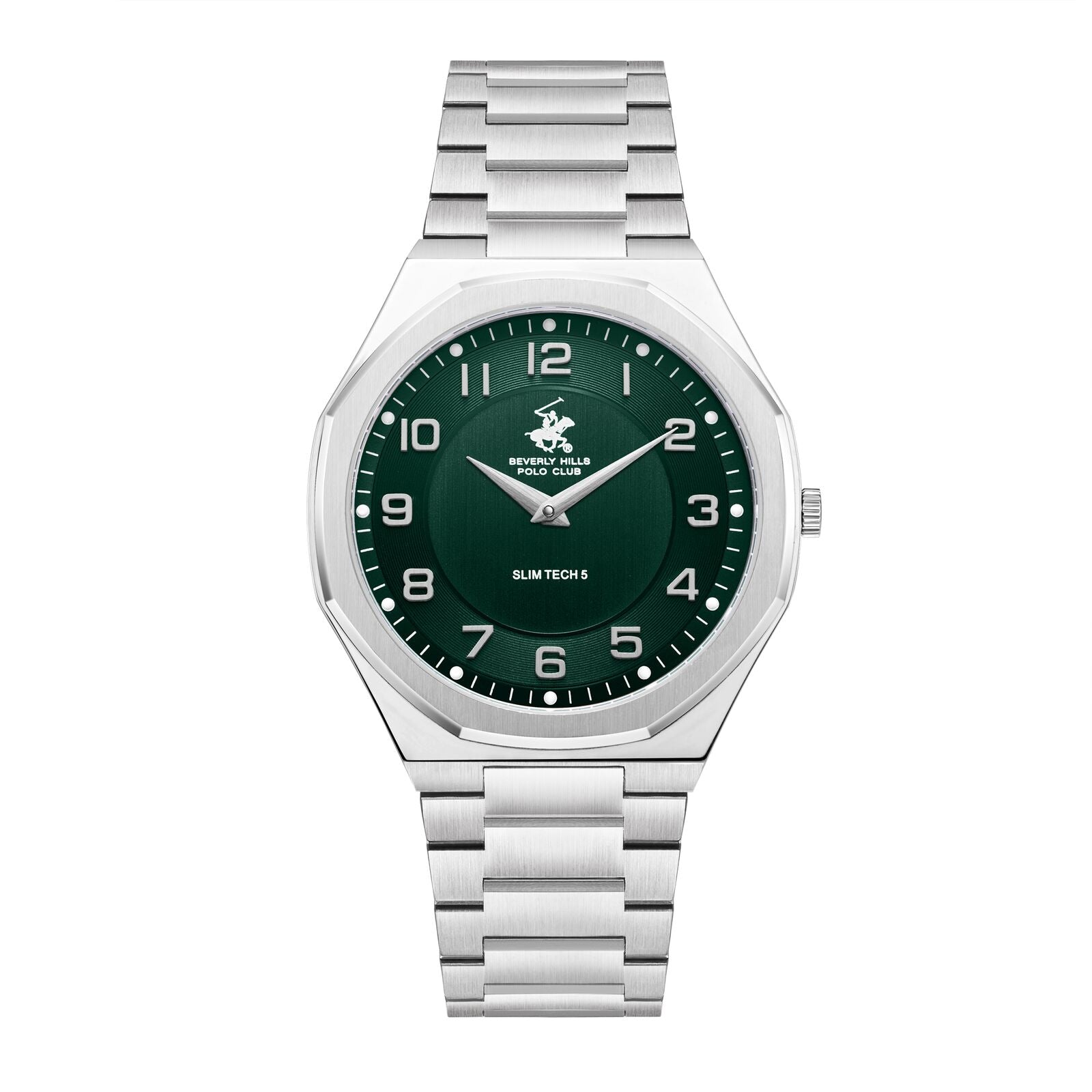 Beverly Hills Polo Club Slim Tech 5 watch with green dial and silver case, front view