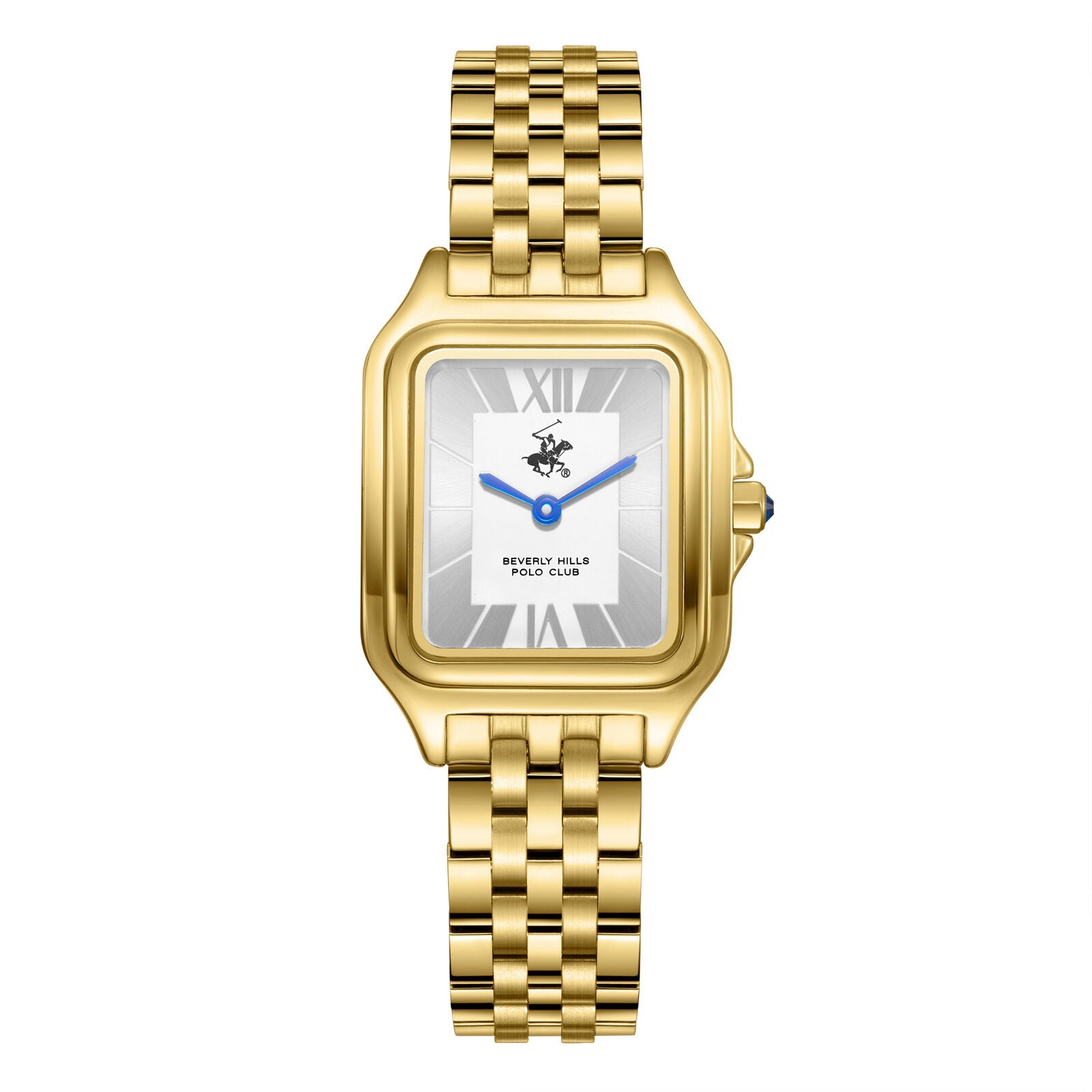 Beverly Hills Polo Club gold square watch with blue hands and white dial