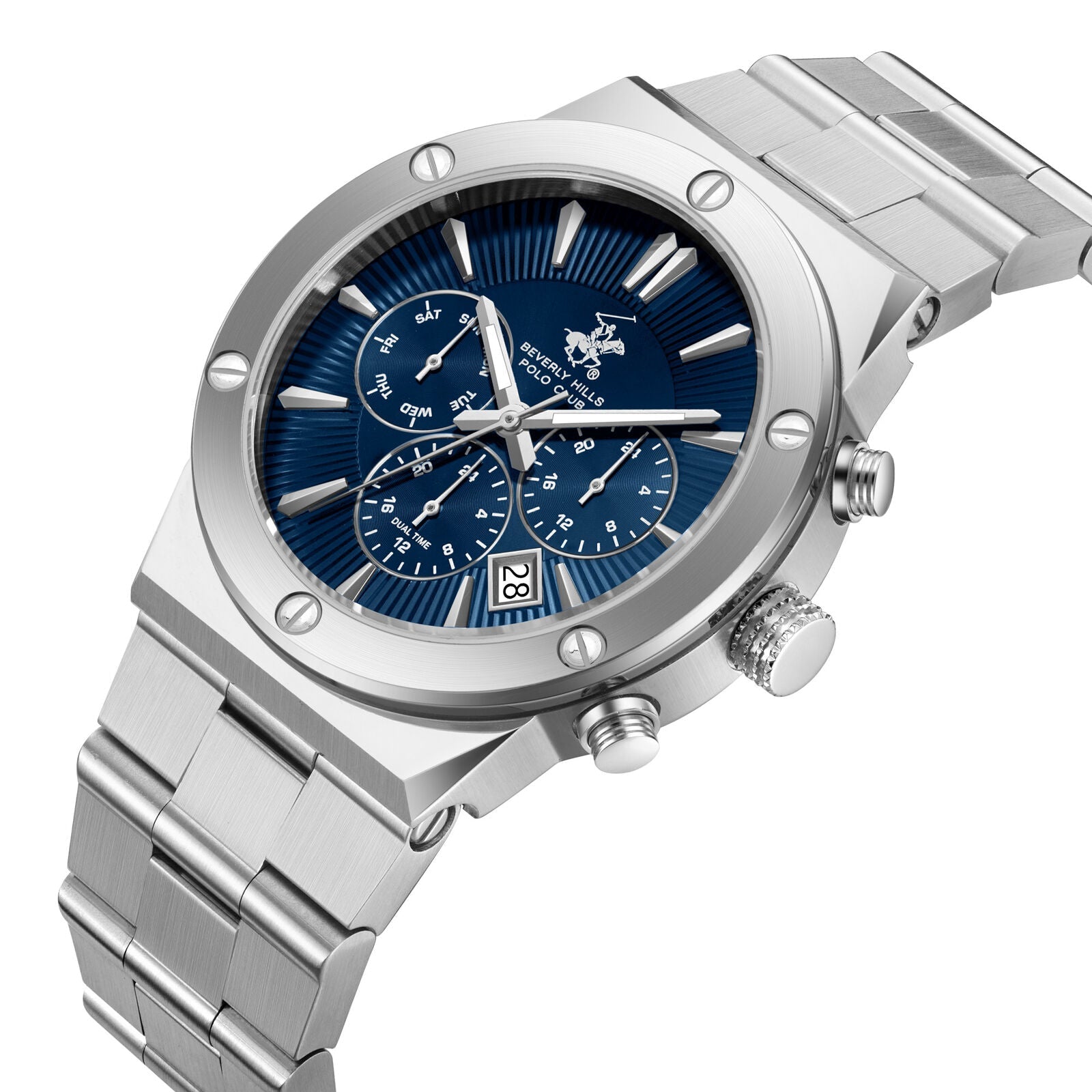 Silver chronograph watch at angle showing blue dial and multifunction subdials