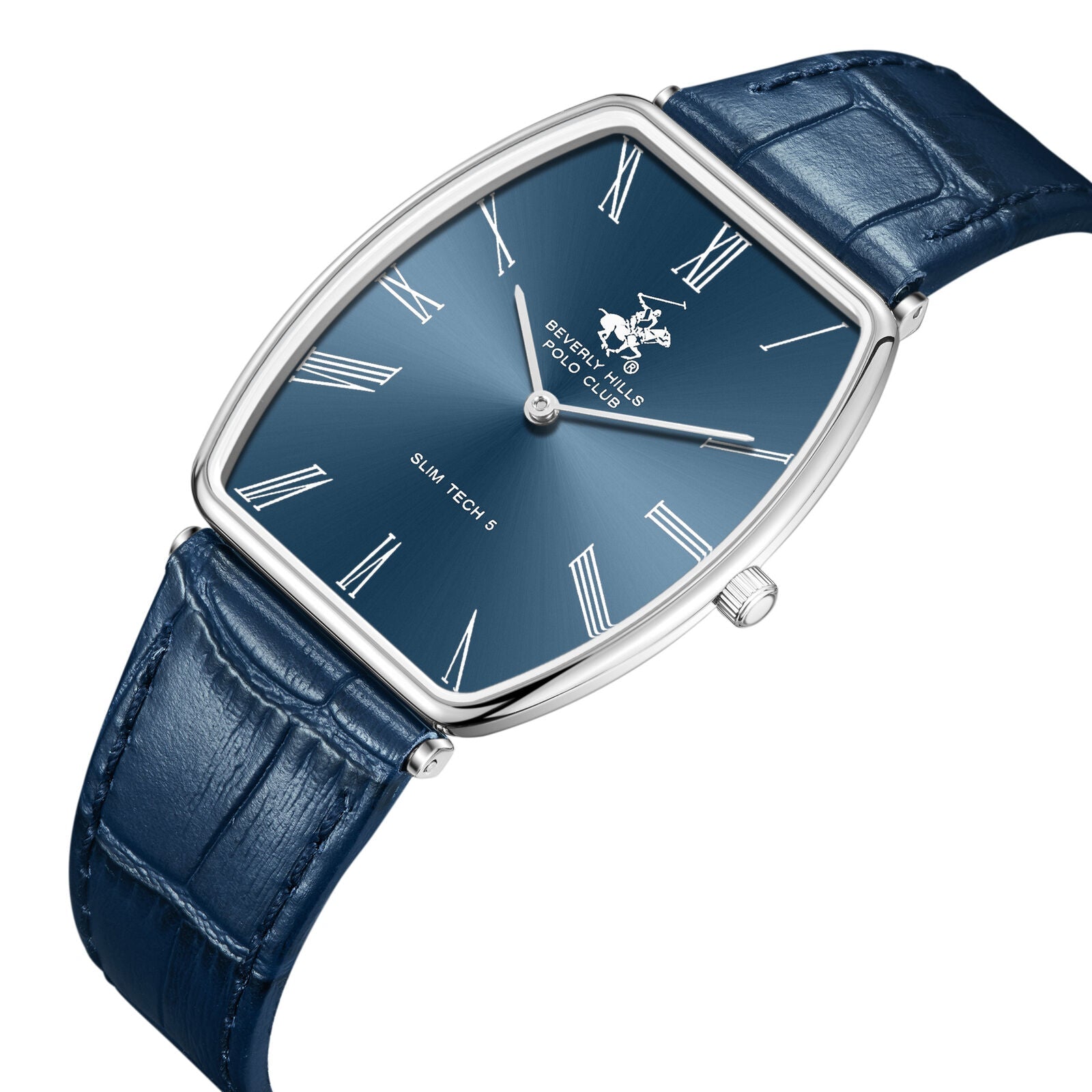 Slim Tech 5 watch at angle showing blue leather strap and blue dial with Roman numerals