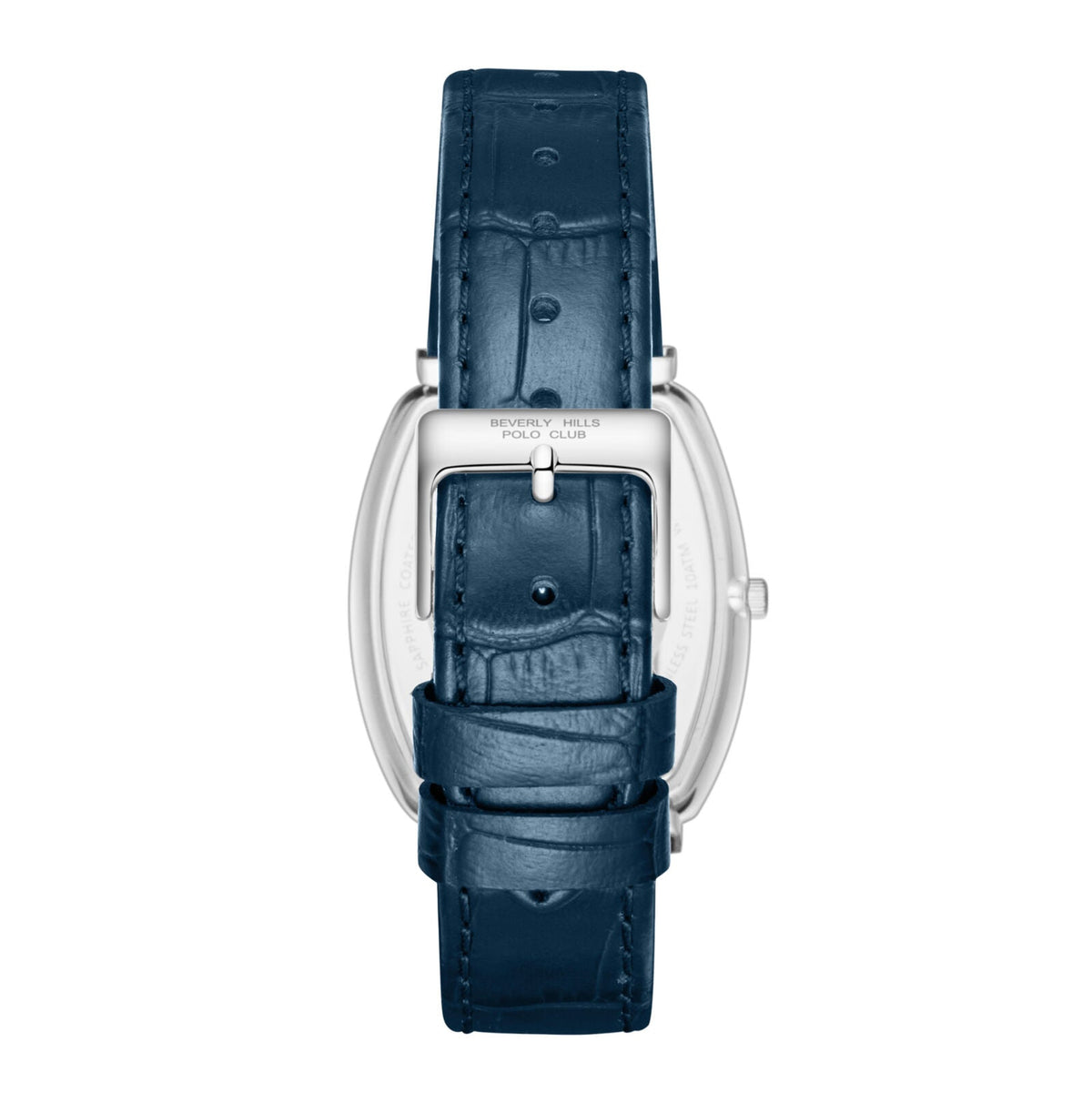 Back view of Slim Tech 5 watch case with blue leather strap and silver buckle
