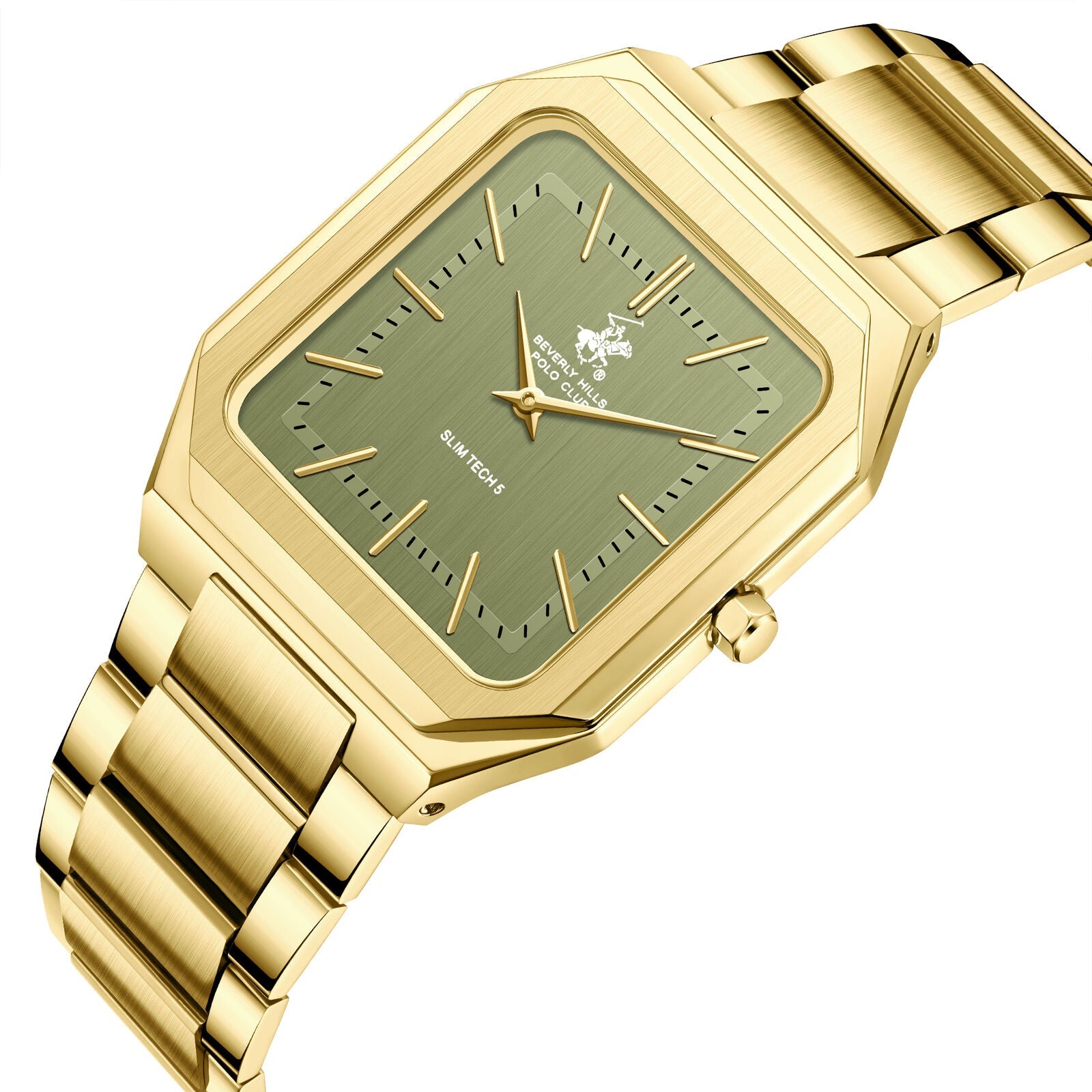 Gold watch angled view showing green dial face and linked bracelet