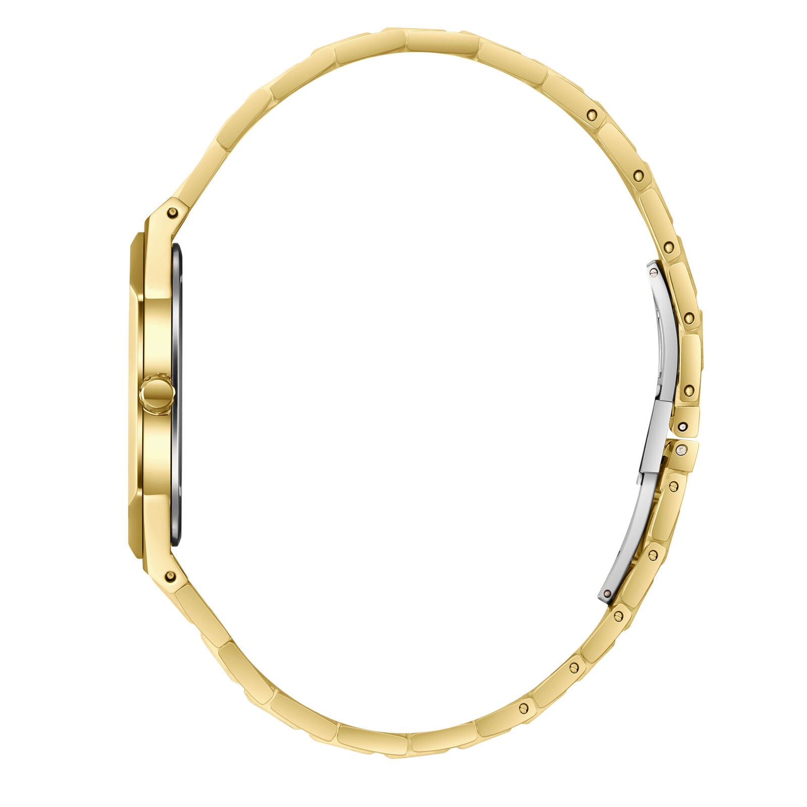 Gold bracelet side view with case profile and clasp detail