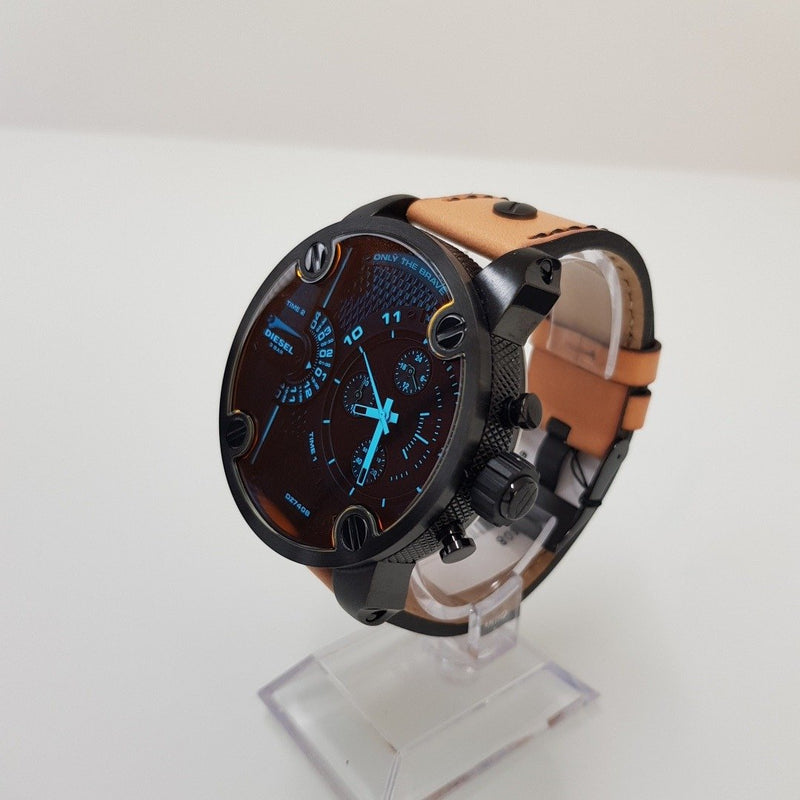 Diesel Little Daddy DZ7408 316L black stainless steel & genuine leather strap 3ATM (30m) water resistant Dual Time zones (GMT)
