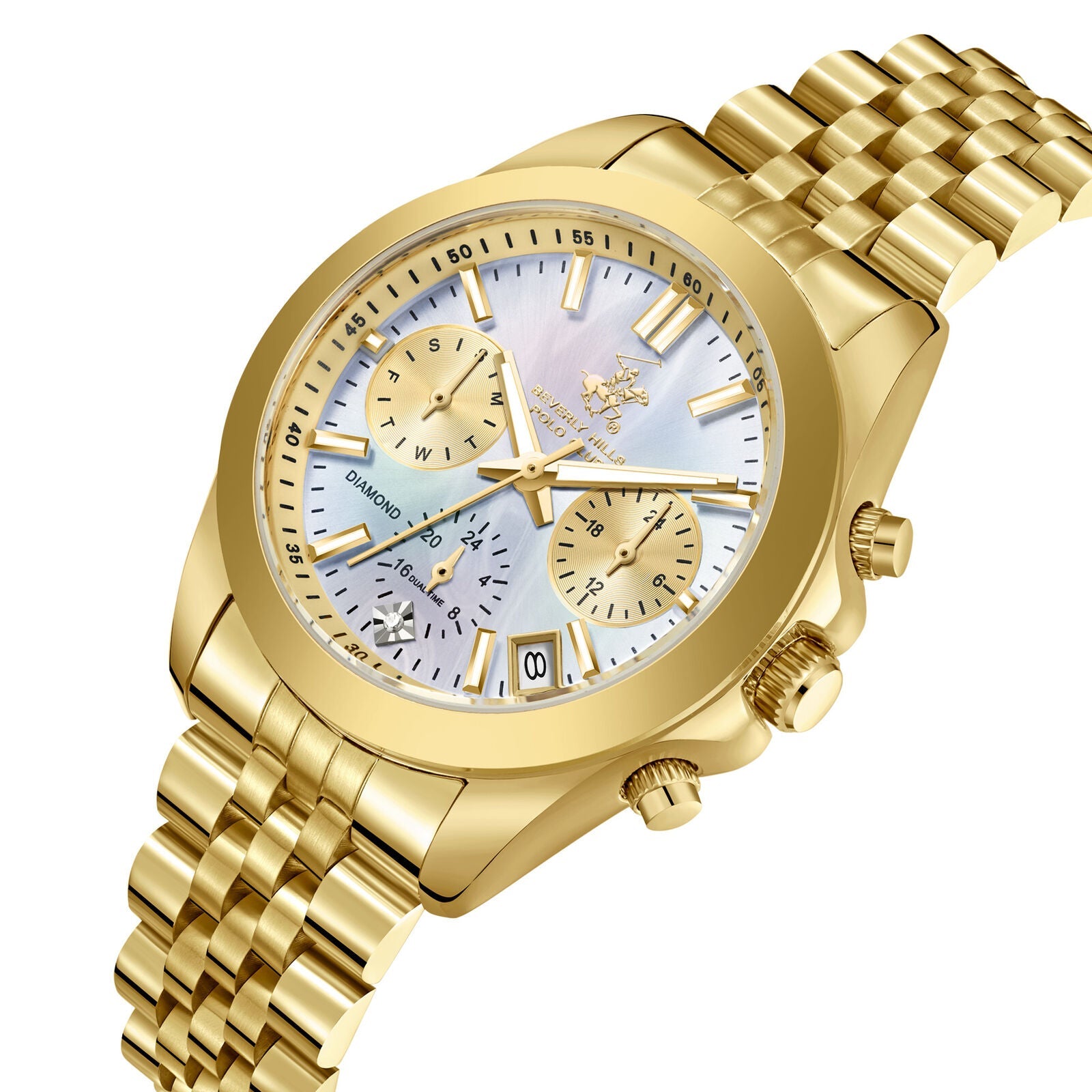Beverly Hills Polo Club Multi-Function Mother Pearl Gold Diamond Watch BP3656C.120