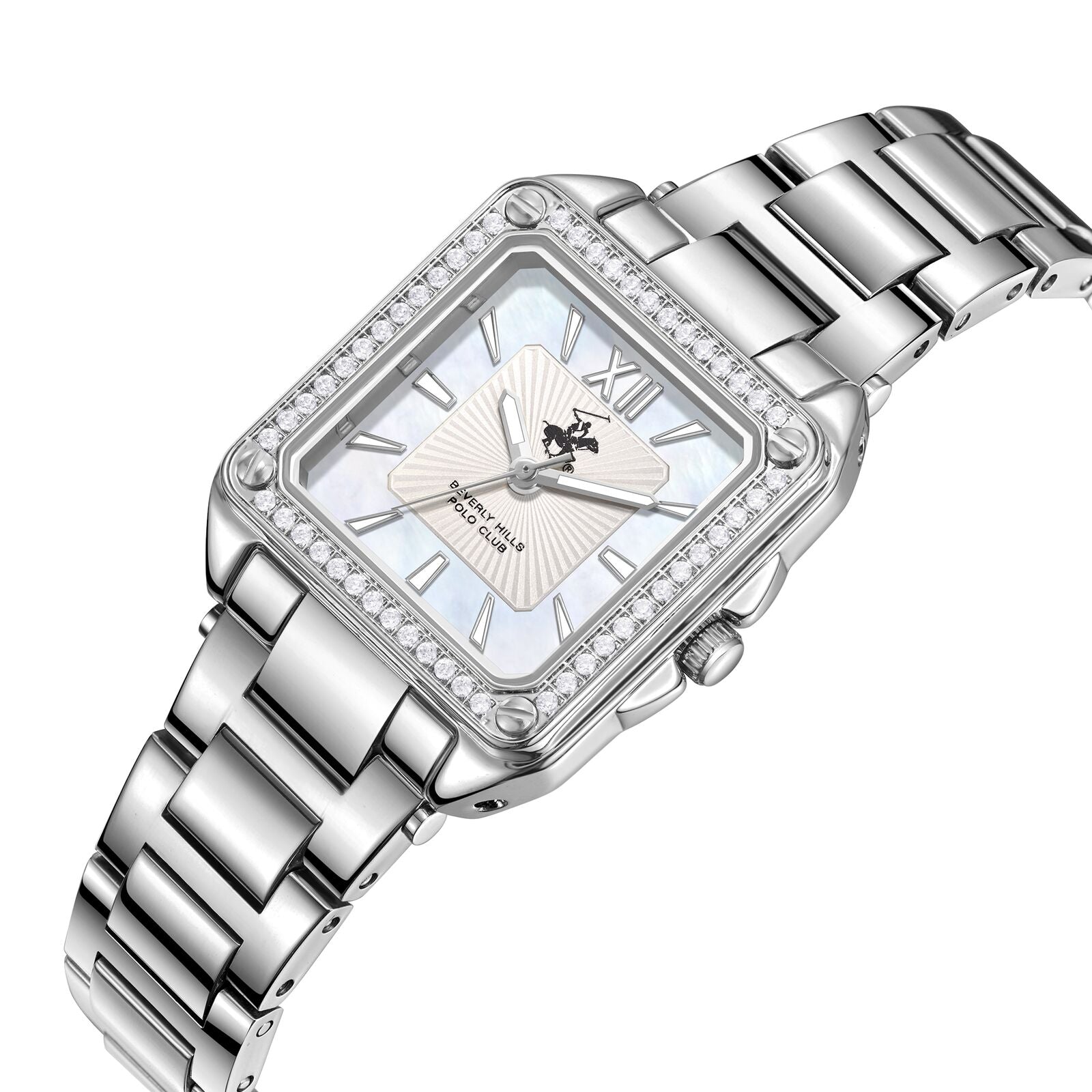 Silver square watch with diamond bezel, silver bracelet, and white dial with Roman numerals
