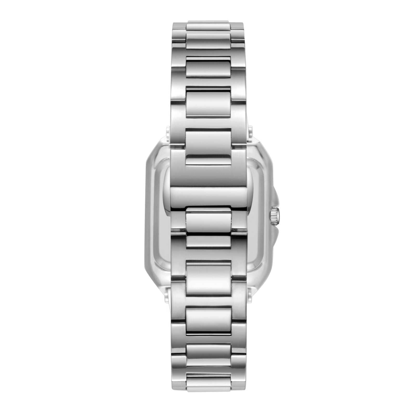 Side view of silver square watch showing case profile and bracelet